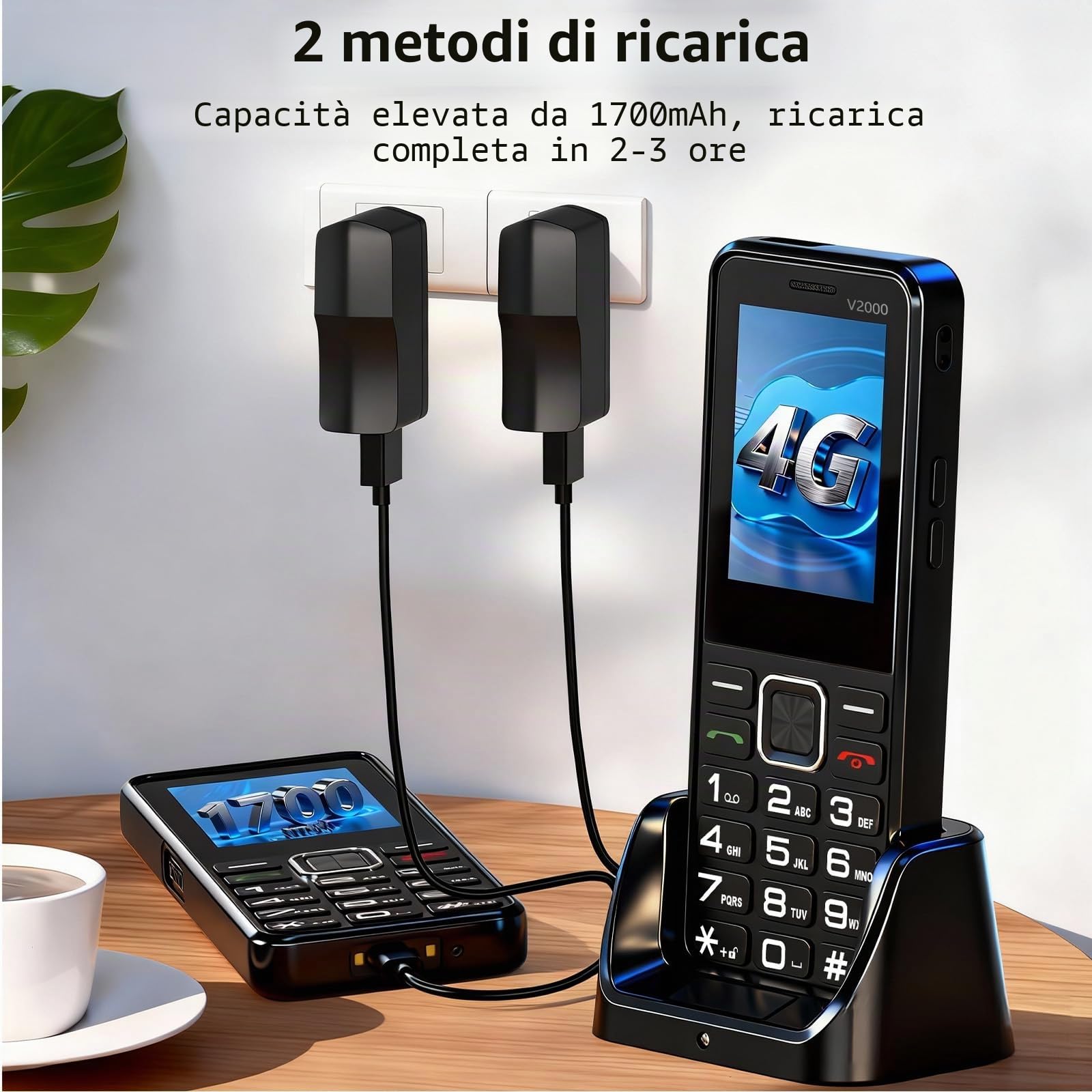 4G Telefono Cellulare per Anziani con Tasti Grandi e Base di Ricarica | Supporto SIM Doppio, Volume Elevato, Pulsante SOS, Display da 2,4”, 288 Ore di Standby, Chiamata Rapida, Fotocamera, USB-C