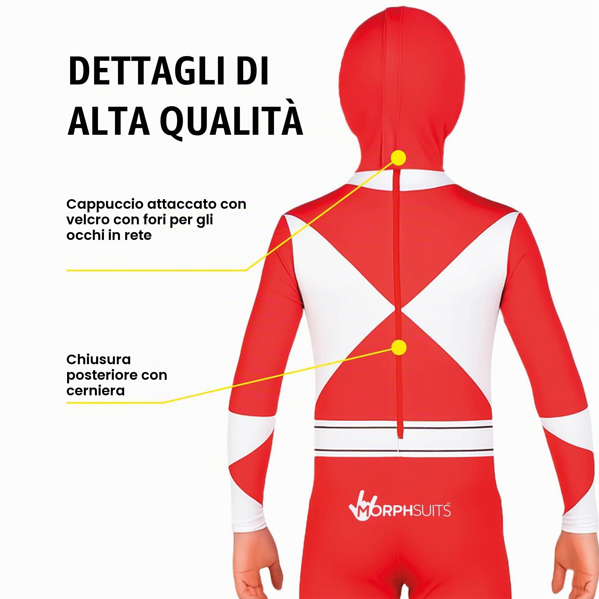 Morphsuits Costume Power Rangers Rosso Bambini, Costume Halloween | Tuta Integrale con Cappuccio, Design Ranger Rosso, Chiusura con Zip, Perfetto per Halloween, Ideale per il Cosplay