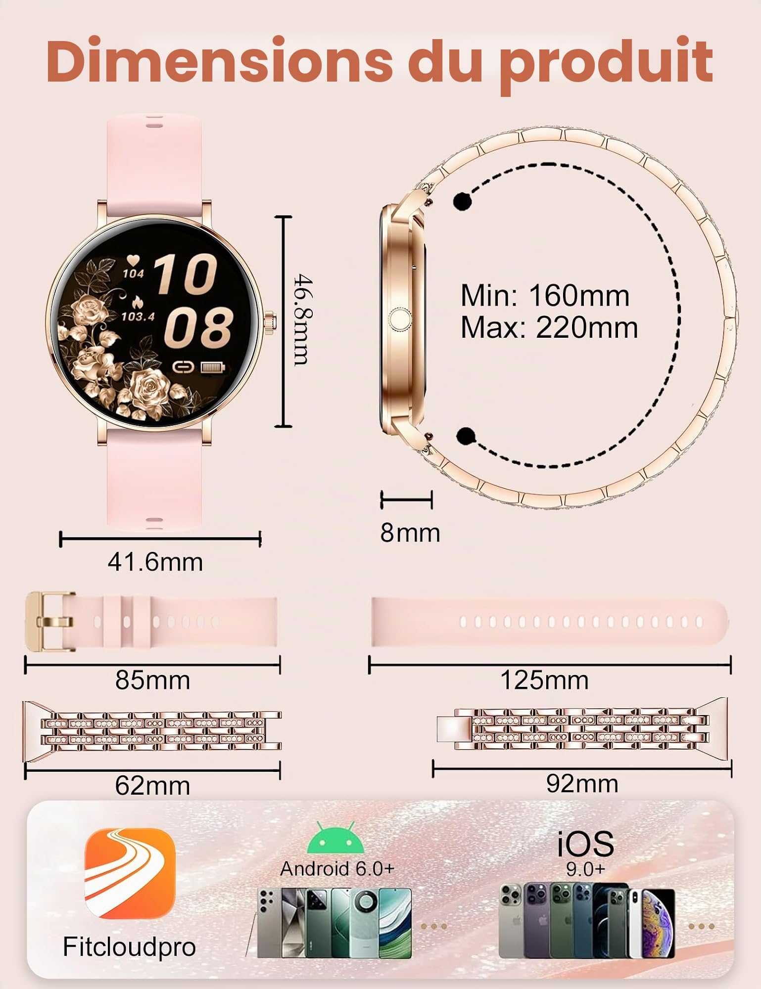 Montre Connectée Femme Ultra-fines (8mm),Écran AMOLED 1,32",Batterie 7 Jours,Suivi Santé et Sommeil,Appel BLE5.3,Assistant Vocal,Fonction Féminine,IP68 Étanche Smartwatch pour Android iOS,Or Rose