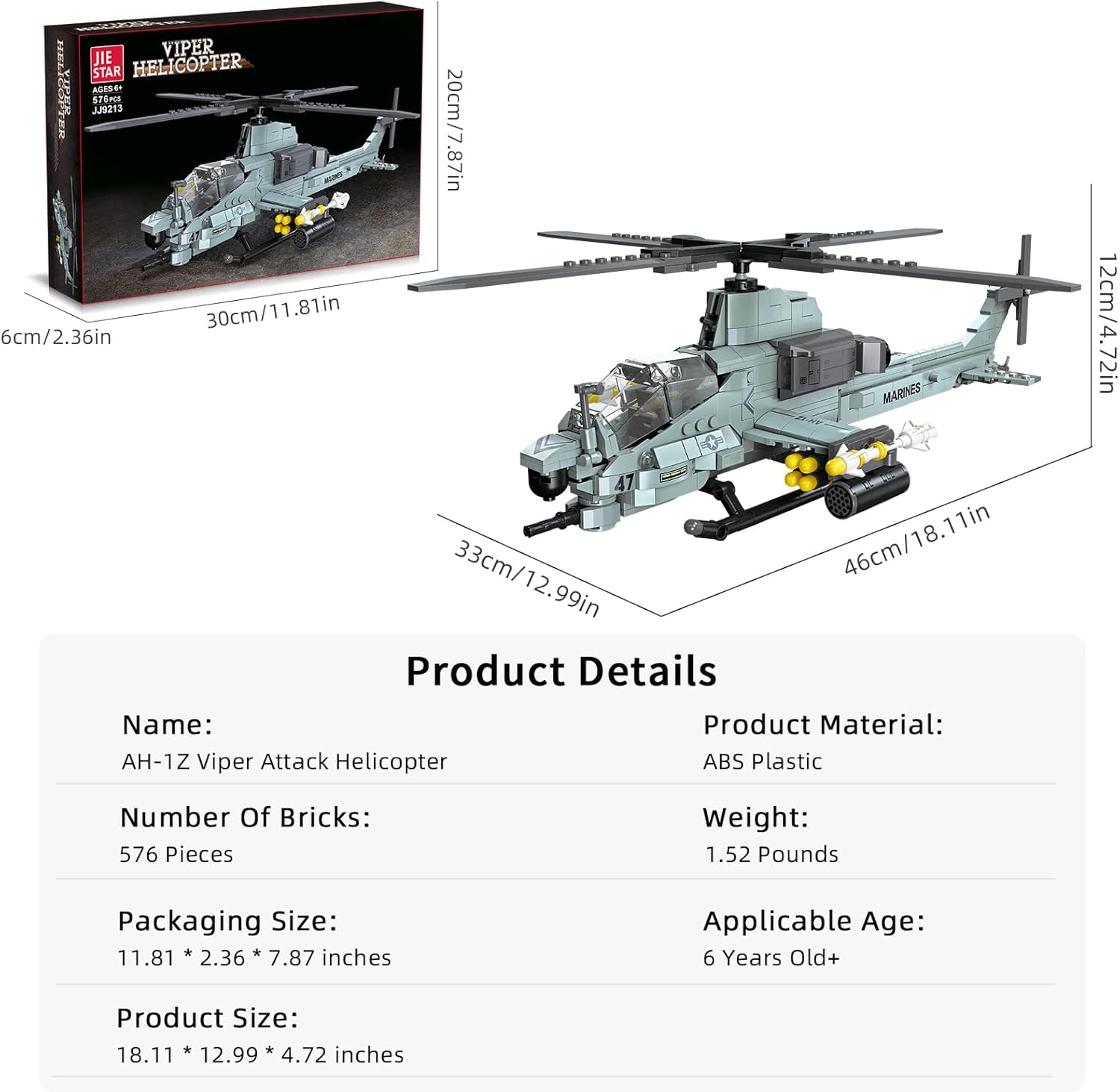 AH-1Z Viper Helicopter Building Sets, Marine Corps Aircraft Military Airplane Toys, Fighter Helicopter Model, Birthday Gifts for Boys