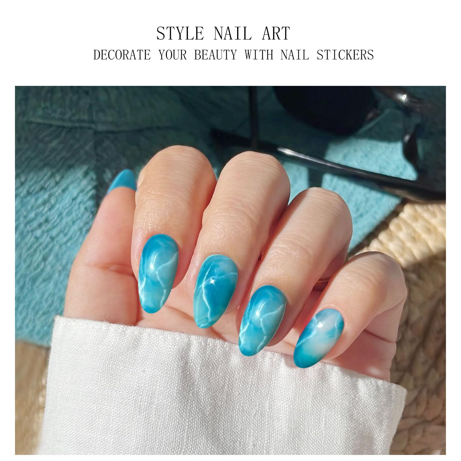 JMEOWIO Gel Nail Stickers Blue Green White Marble Semi Cured Gel Nail Strips Wraps UV/LED Nails Art Design Decoration Accessories - Image 4