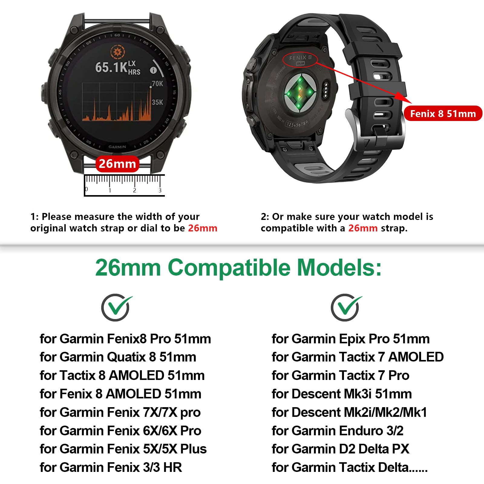 EZMVZKU 26mm Silicone Cinturino per Garmin Fenix 8 AMOLED 51mm/7X Pro/7X/6X Pro/6X/5X Plus/5X/3 HR,QuickFit Sportivo Cinturino Ricambio per Enduro 3/2/Epix Pro/Tactix 8/Descent Mk31 51mm/Descent Mk2i
