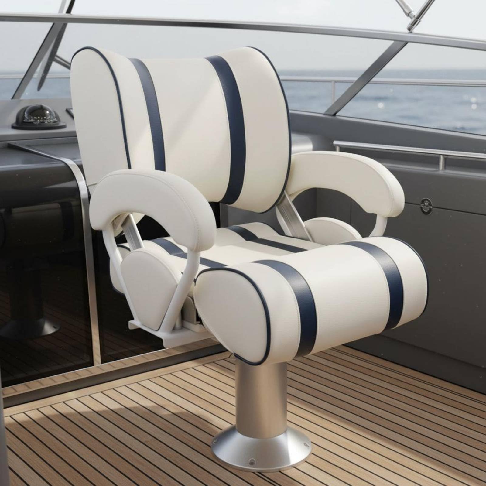 Gralara Marine Passenger Seat Sedia Barca Sedile Imbarcazione Poltrona Timoneria Convertibile con Schienale Regolabile in PU E Alluminio con Braccioli Adatta per Guida Crociera 60cmx63cmx36cm
