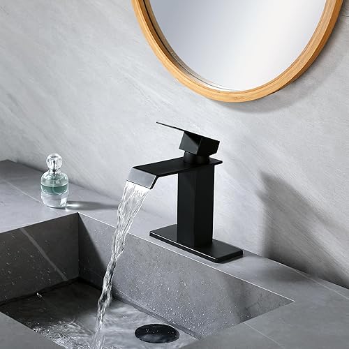 Miniatura 2 de Poumao Grifo de baño en cascada para lavabo de baño, grifo negro de una sola manija con placa de cubierta para 1 o 3 agujeros
