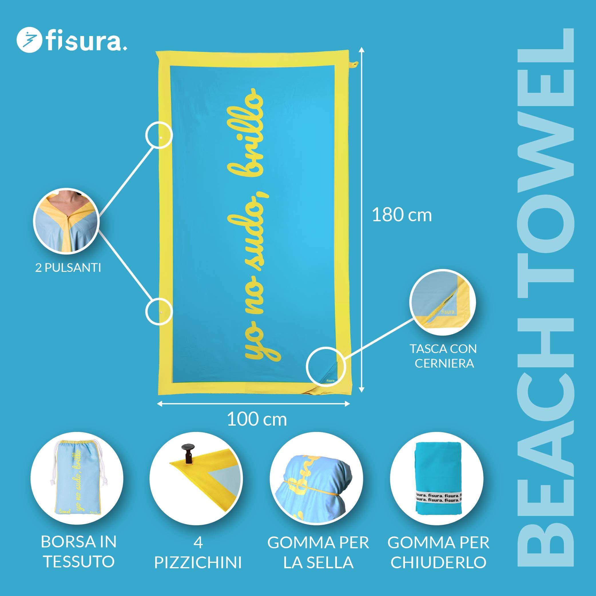 Fisura – Asciugamano da spiaggia grande blu Io non sudo, luminosità. Asciugamano in microfibra leggera per piscina, spiaggia, campeggio o picnic. Anti sabbia. Asciugatura rapida. Regalo originale