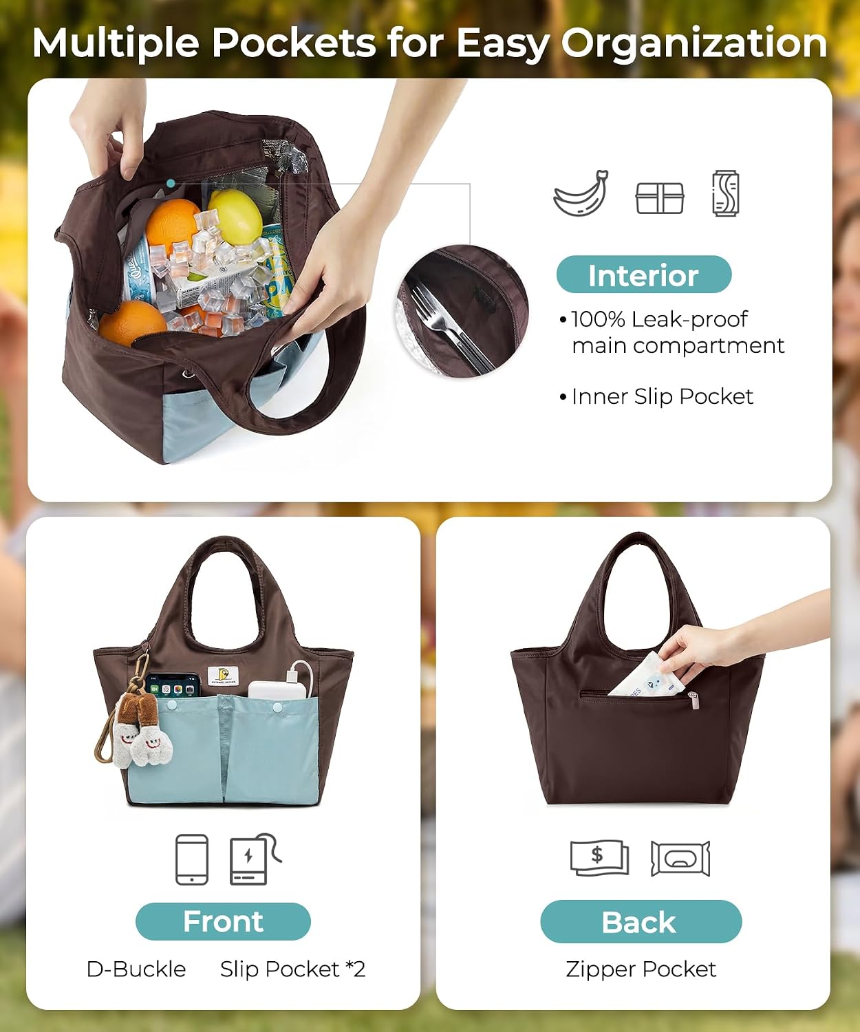 Lunch Tote Bag for Women, Stylish Insulated Lunch Bag with Multiple Pockets & Wide Opening, Cute Work Lunch Box for Office, College & Daily Commute, Charm Not Included, Mocha Blue image 4