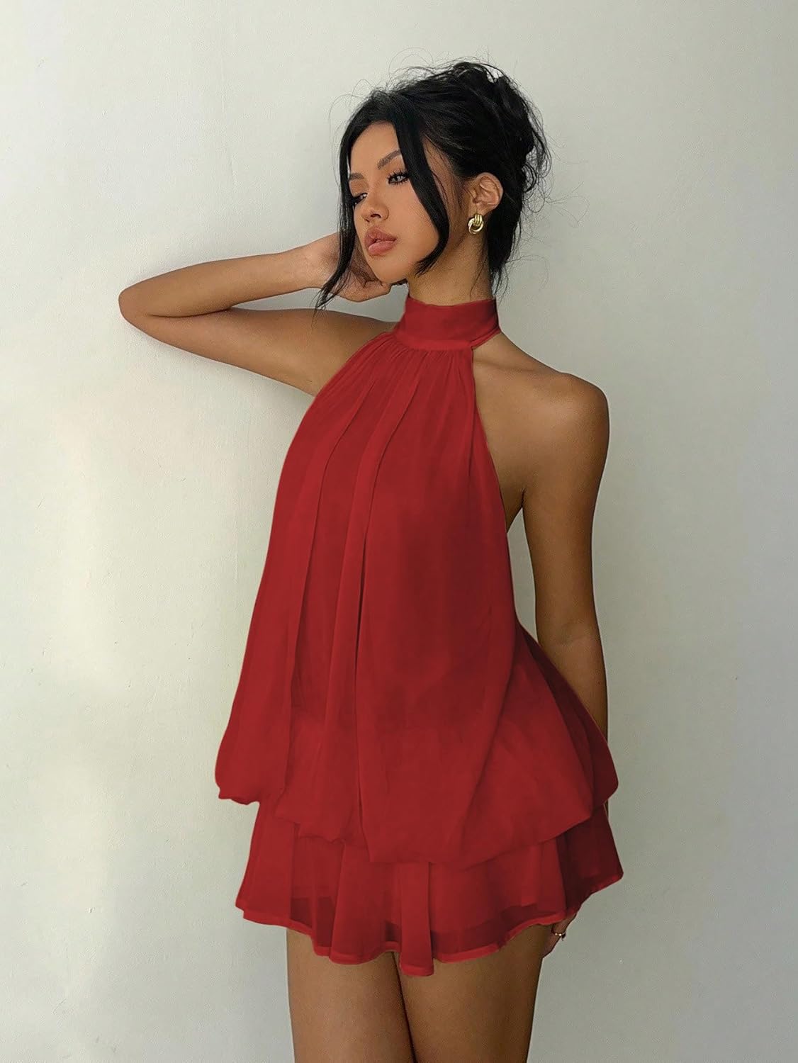 Narecte Womens Summer Dresses Halter Tie Mini Dress with Built-in Shorts, Chiffon Elegant Backless A-Line Sundress - Image 5