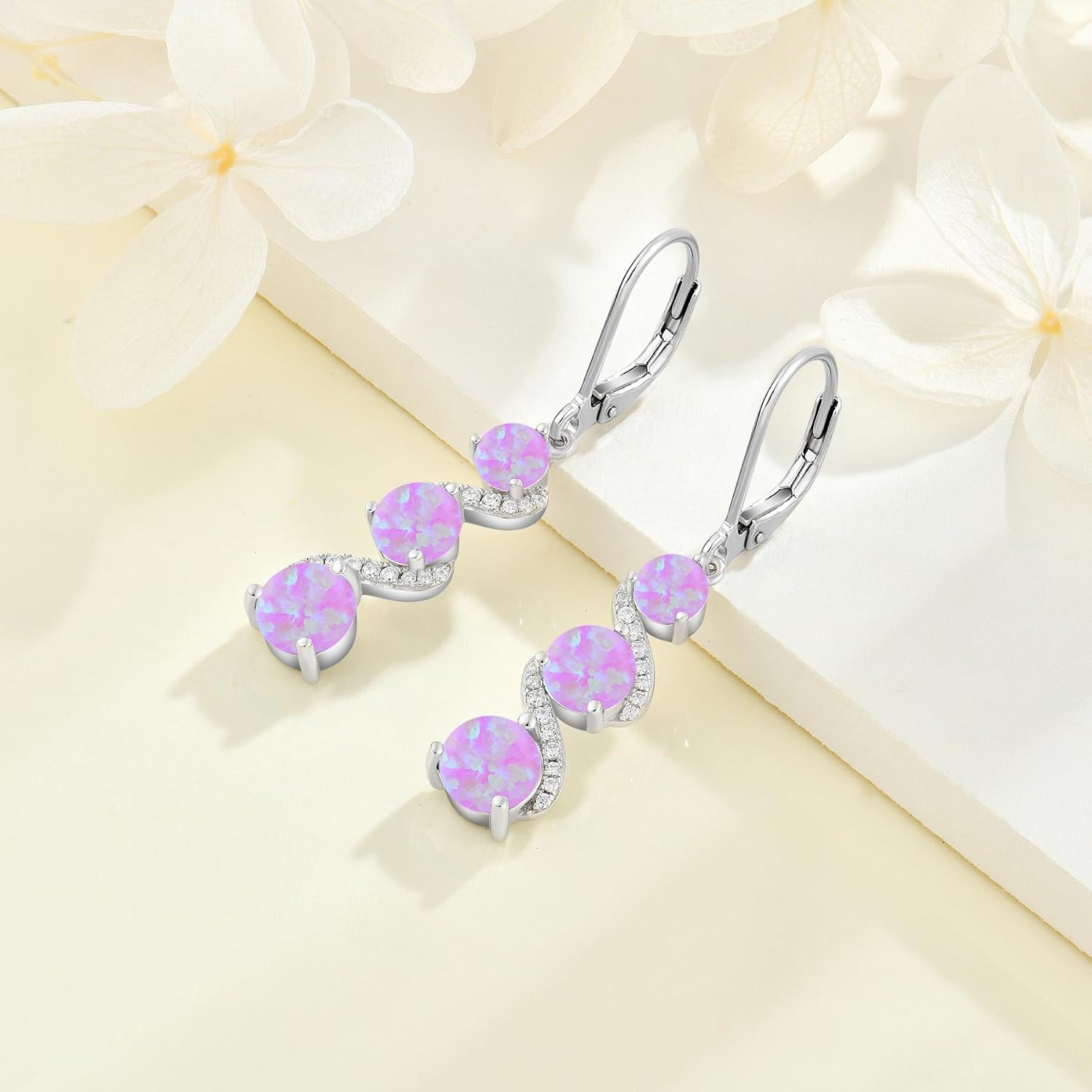 Created Opal Earrings 925 Sterling Silver Leverback Drop Dangle Earrings 5A Cubic Zirconia Jewelry for Women