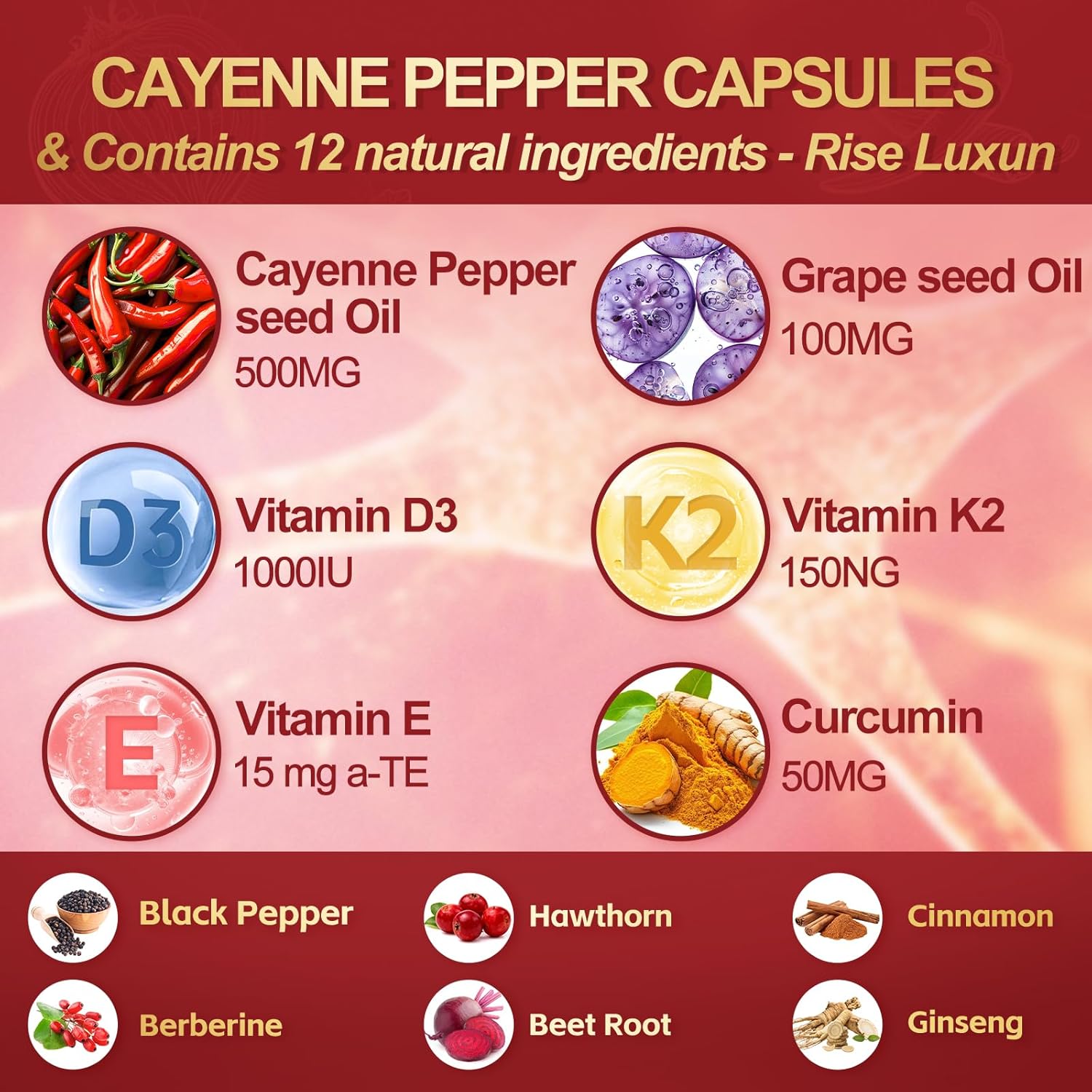12-in-1 Cayenne Pepper Capsules Supplement*, 5000mg Per Serving Containing | Vitamin D3 K2+E & Extracts of Grape Seed, Hawthorn, Beetroot, Berberine Other Extracts - Image 3