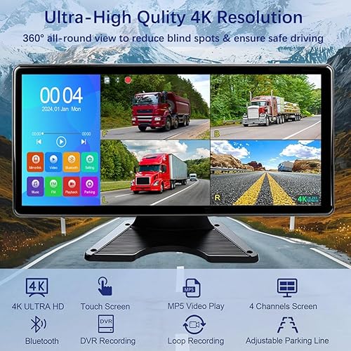 Miniatura 2 de Cámara de respaldo 4K RV, monitor de pantalla táctil de 10.36 pulgadas para camioneta/furgoneta/remolque DVR grabación con Bluetooth FM MP5 IP69