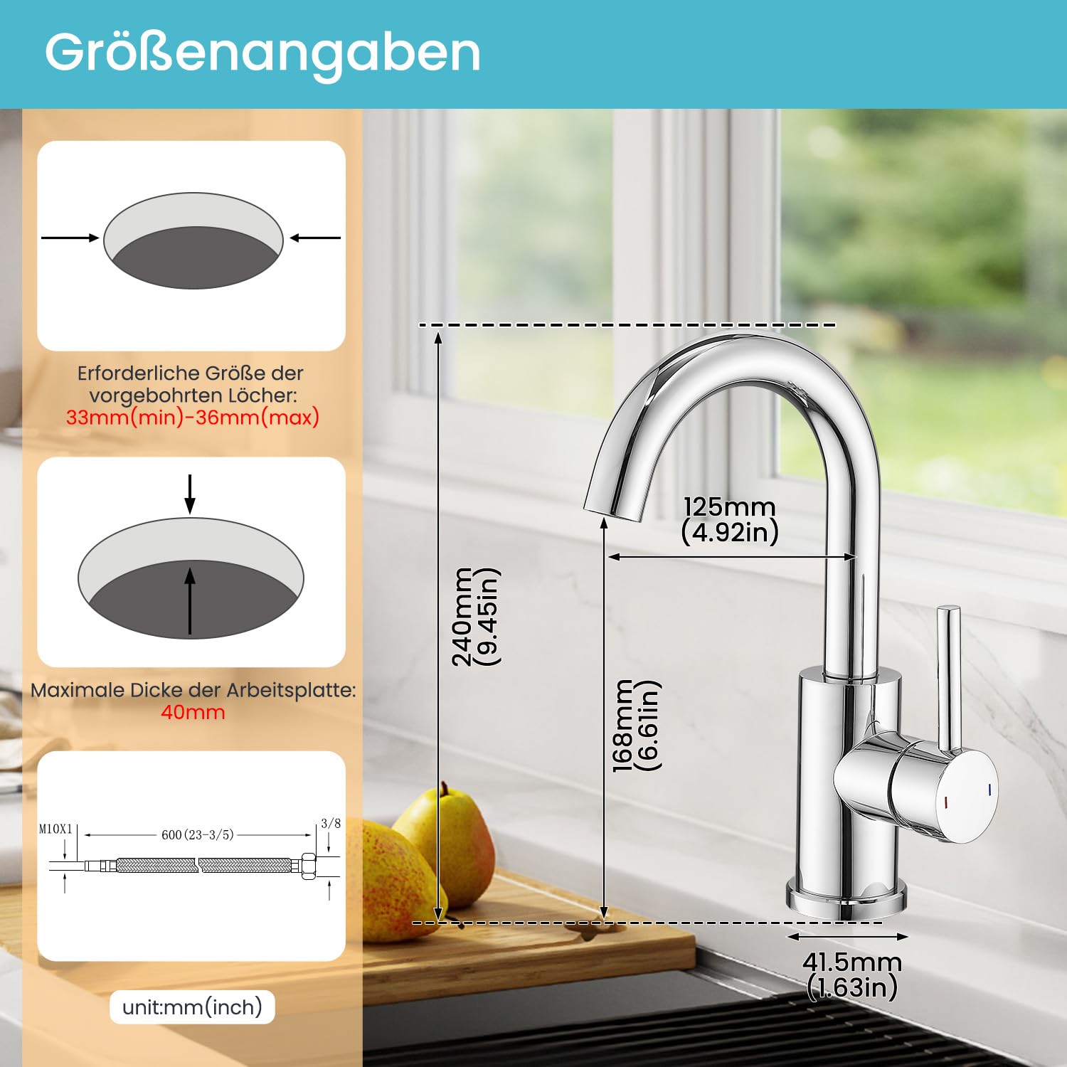 Rubinetto da bagno, rubinetto da bagno/cucina, girevole a 360°, miscelatore monocomando, in acciaio inox cromato