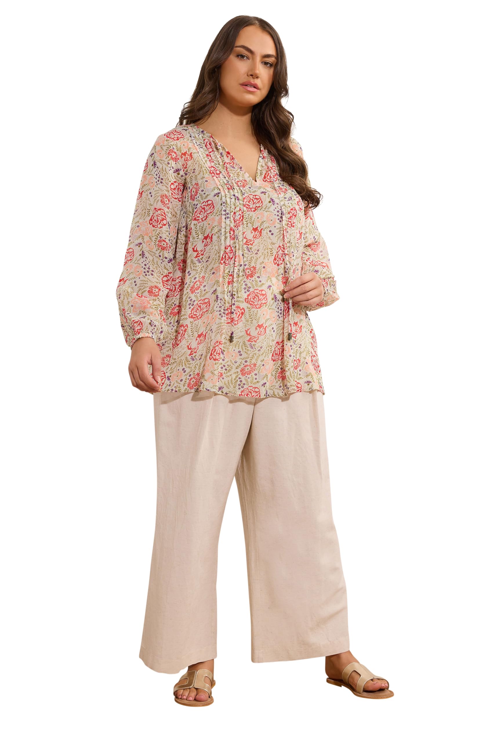 Evans Women's Brown Plus Natural Floral Tie Neck Blouse Size 20