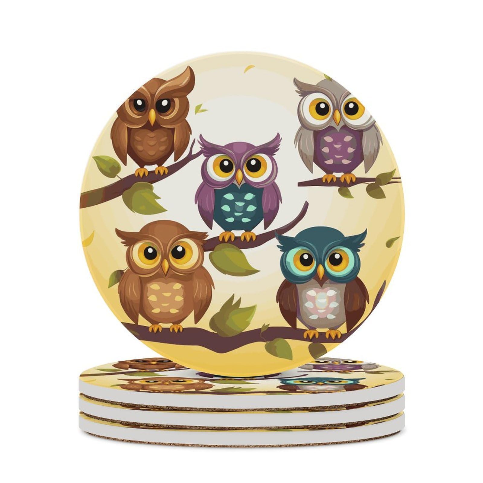 Owls Birds Coaster with Cork Base Drink Coasters for Coffee Table Decor Modern Cup Coasters with Non-Slip & Heat-Resistant Cute Ceramic Table Coaster for Home Dining