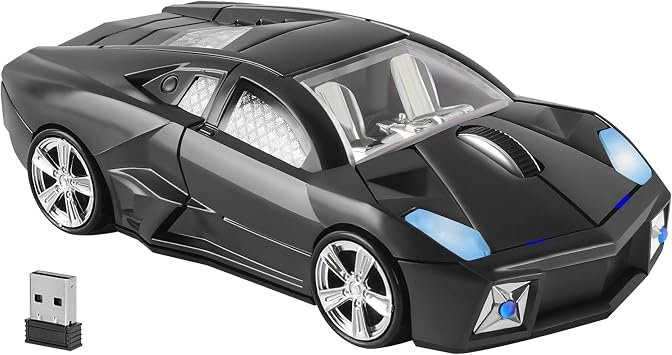 Wireless Car Mouse Portable Cool Sports Car Shape Cordless Computer Mice with USB Receiver LED Light 3 Buttons 1600 DPI 2.4GHz Optical Small Wireless Mouse for Laptop PC Desktop Mac Kids Gift Black