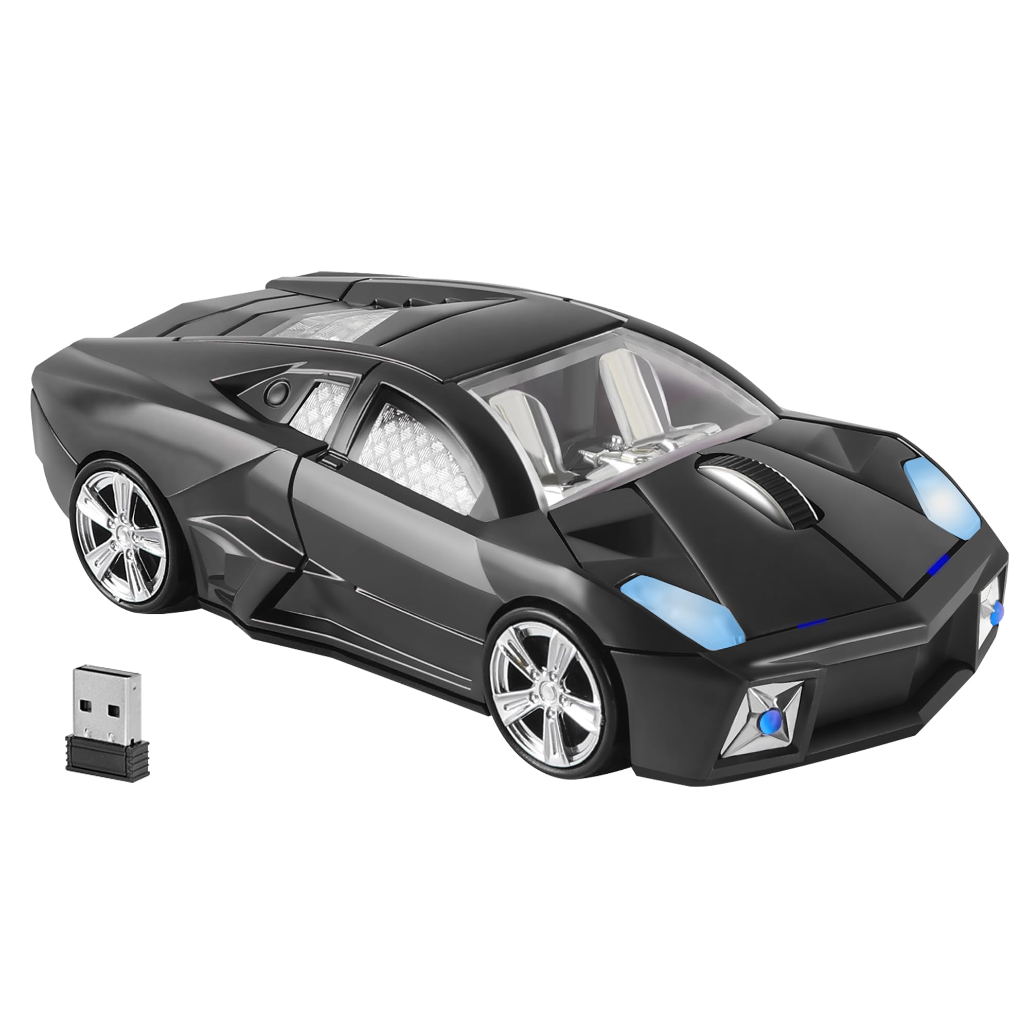 Wireless Car Mouse Portable Cool Sports Car Shape Cordless Computer Mice with USB Receiver LED Light 3 Buttons 1600 DPI 2.4GHz Optical Small Wireless Mouse for Laptop PC Desktop Mac Kids Gift (Black)-image-0