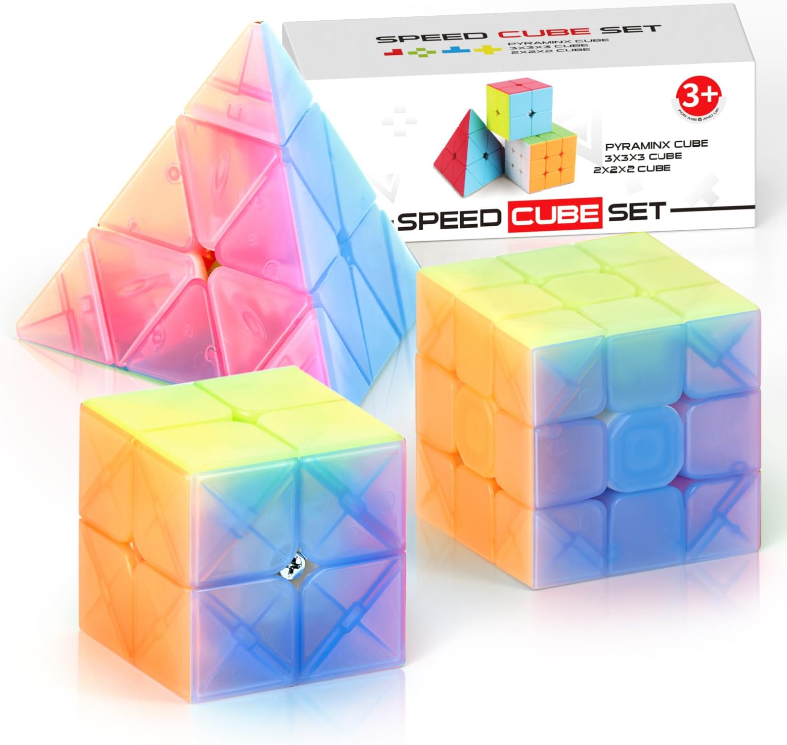 Speed Cube Set, Magic Cube Pack of 2x2x2 3x3x3 Pyraminx Puzzle Cube, Birthday Party Christmas Stocking Fillers Gift for Kids Teens Adults(Jelly Stickerless)