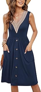 Women Summer Dresses Sleeveless Casual Loose Swing Button Down Midi Dress with Pockets - Buy now