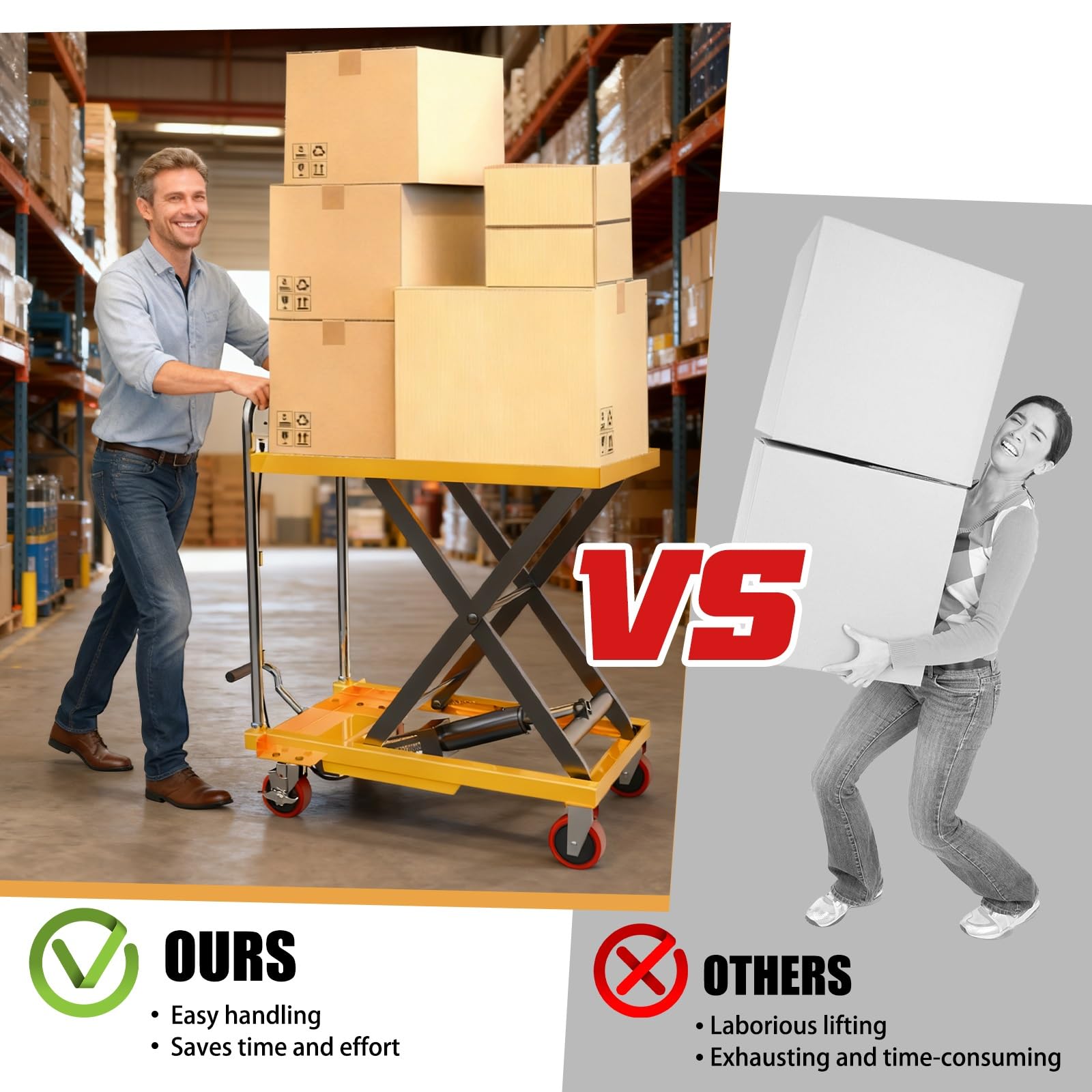 Carrello elevatore idraulico a forbice, capacità 199,6 kg, altezza 72,4 cm, sollevamento manuale con cuscinetto antiscivolo, carrello di movimentazione dei materiali per magazzino e uso Ga