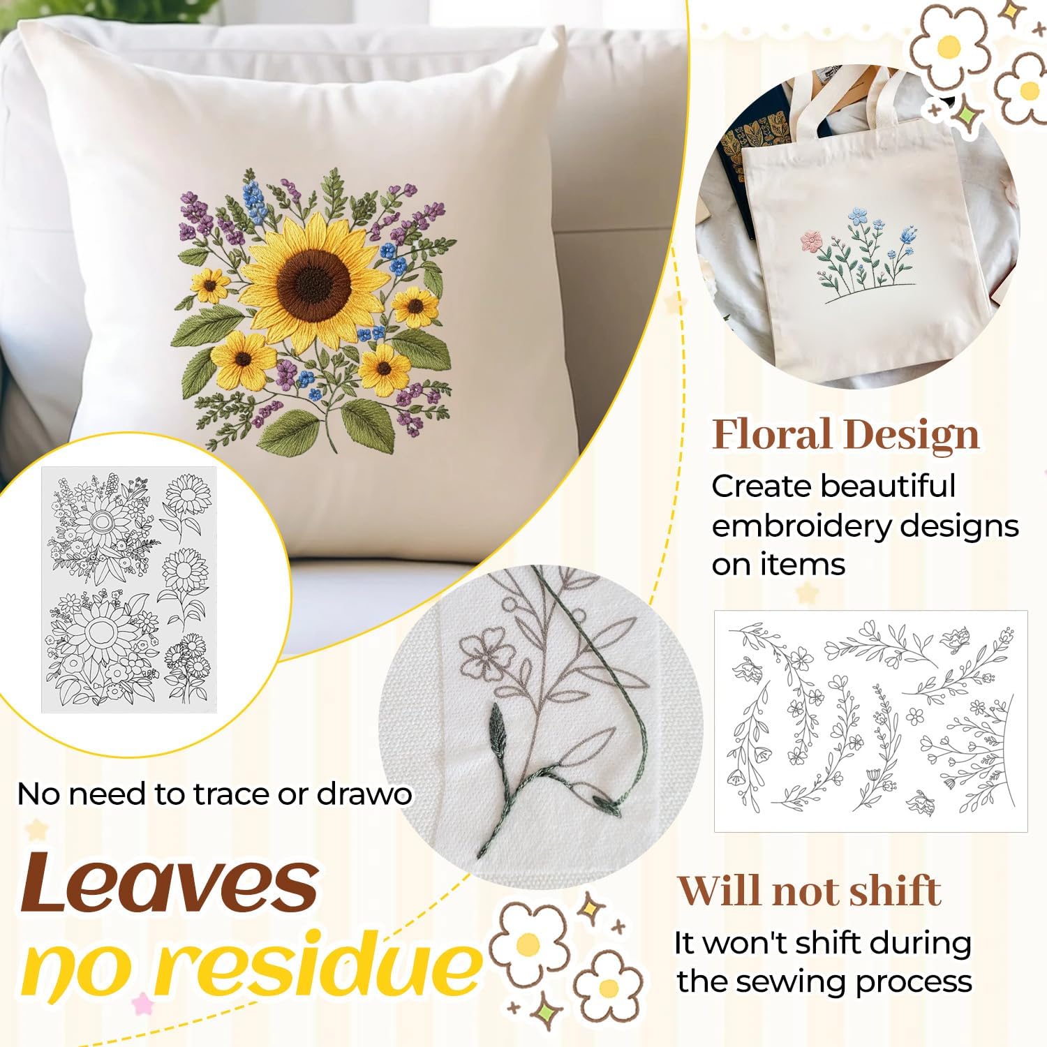 29 Pcs Flower Vine Embroidery Pattern Transfer Paper, 8.3x11.7 Inch Stick and Stitch Fabric Stabilizer, Floral Border Hand Sewing DIY Craft Sheets for Clothes Bags Pillows