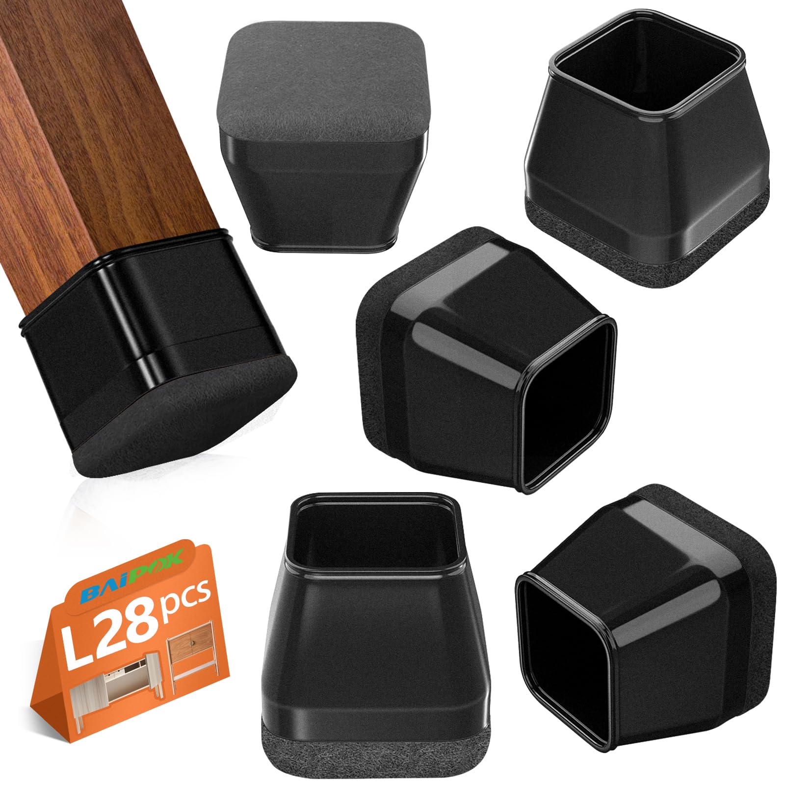 BAIPOK 28Pcs Square Chair Leg Floor Protectors with Thickened Felt Pads