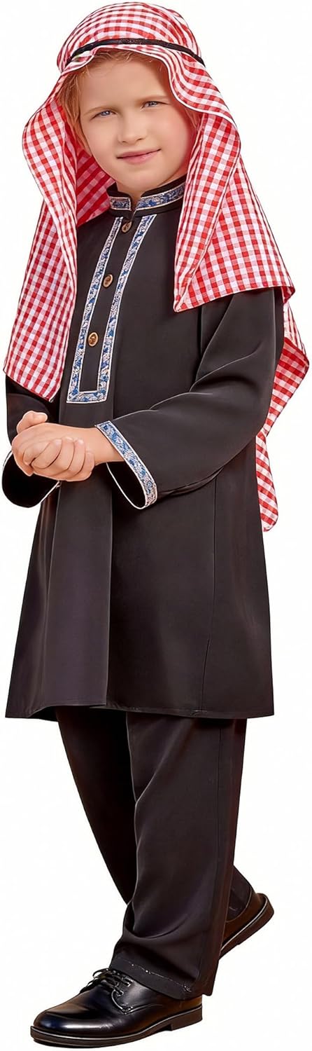 IWEMEK 4PCS Toddler Baby Boys Muslim Outfit Kaftan Thobe Pants Arabic Islamic Abaya Dubai Robe Prayer Clothes with Head Scarf