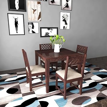 Custom Decor Solid Sheesham Wood Four Seater Dining Table Set with 4 White Colour Cushion Chairs for Dining Room Living Room Home