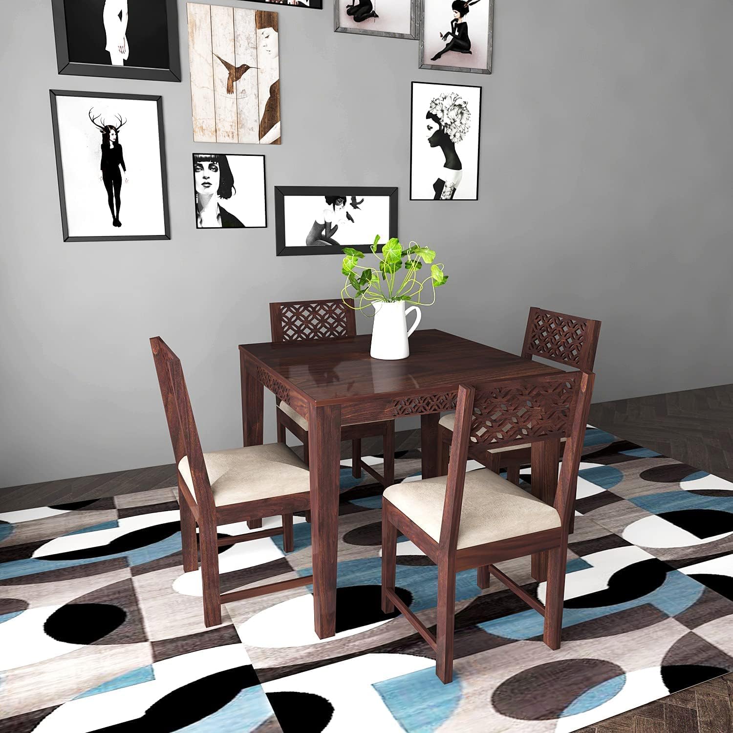 CUSTOM DECOR Solid Sheesham Wood Four Seater Dining Table Set with 4 White Colour Cushion Chairs for Dining Room Living Room Home