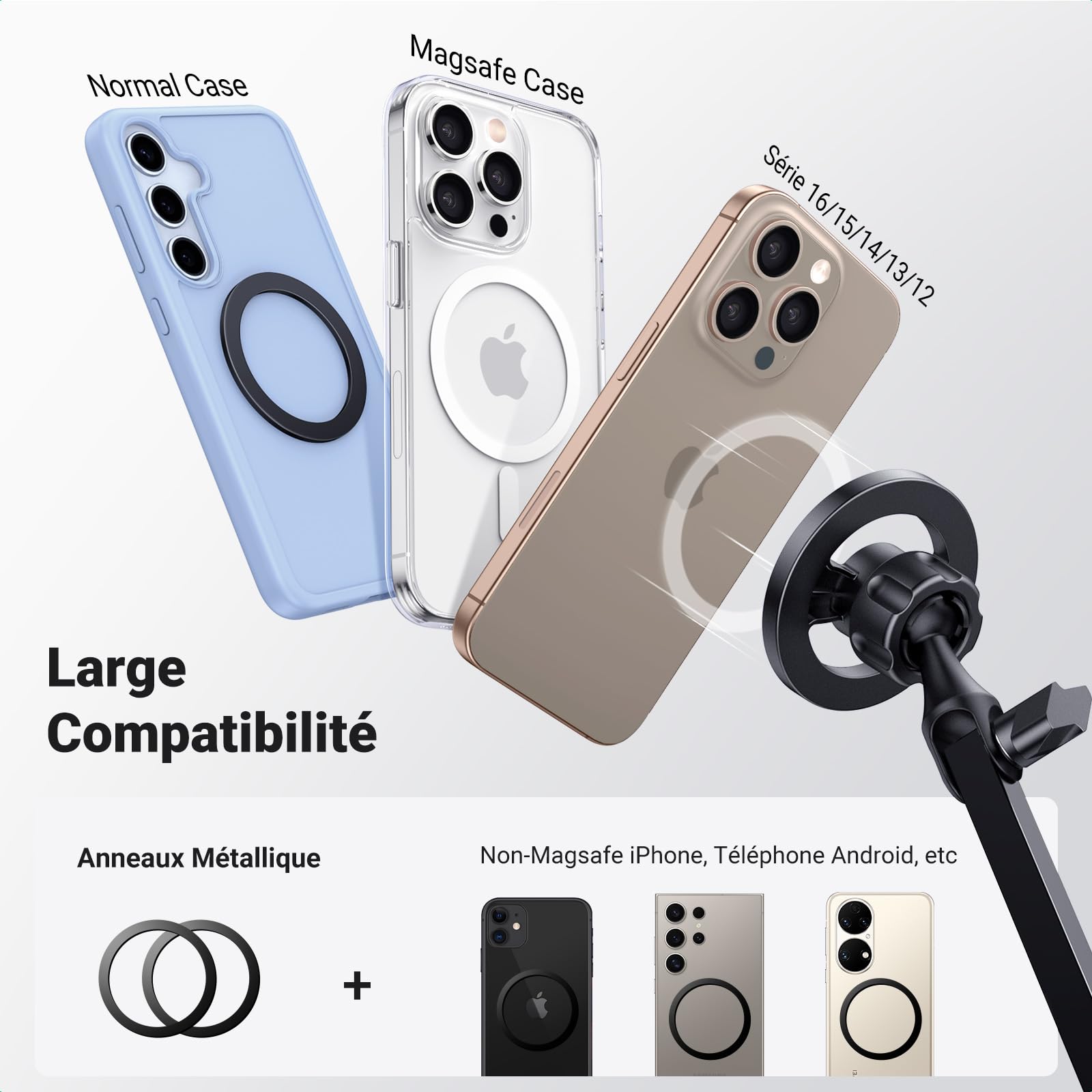 UGREEN Support Téléphone Magnétique Lit Bureau Bras Articulé Flexible Porte Smartphone Aimanté Compatible avec MagSafe iPhone 16 Plus Pro Max 15 14 13 Galaxy S24 Ultra Anneaux Métallique Inclus