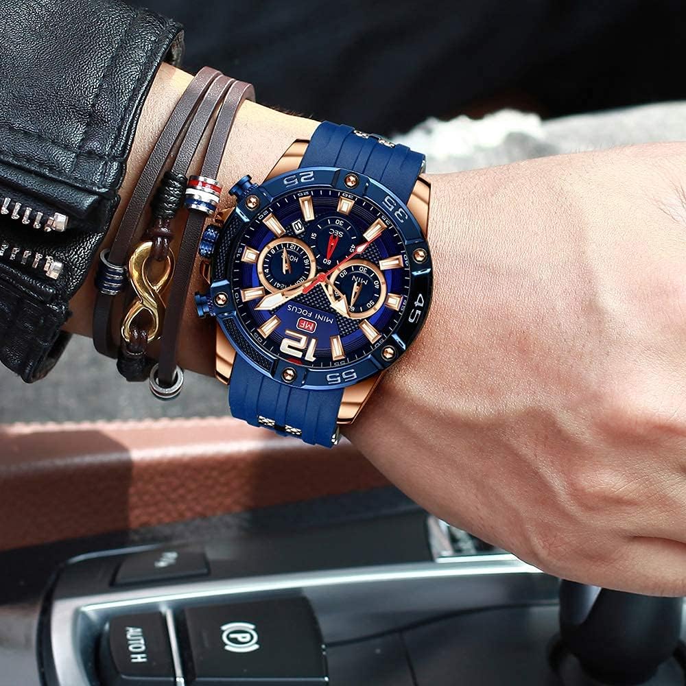 MF MINI FOCUS Men Watch, Chronograph Waterproof Sport Analog Quartz Watches Blue Silicon Strap Fashion Wristwatch for Men - Image 3