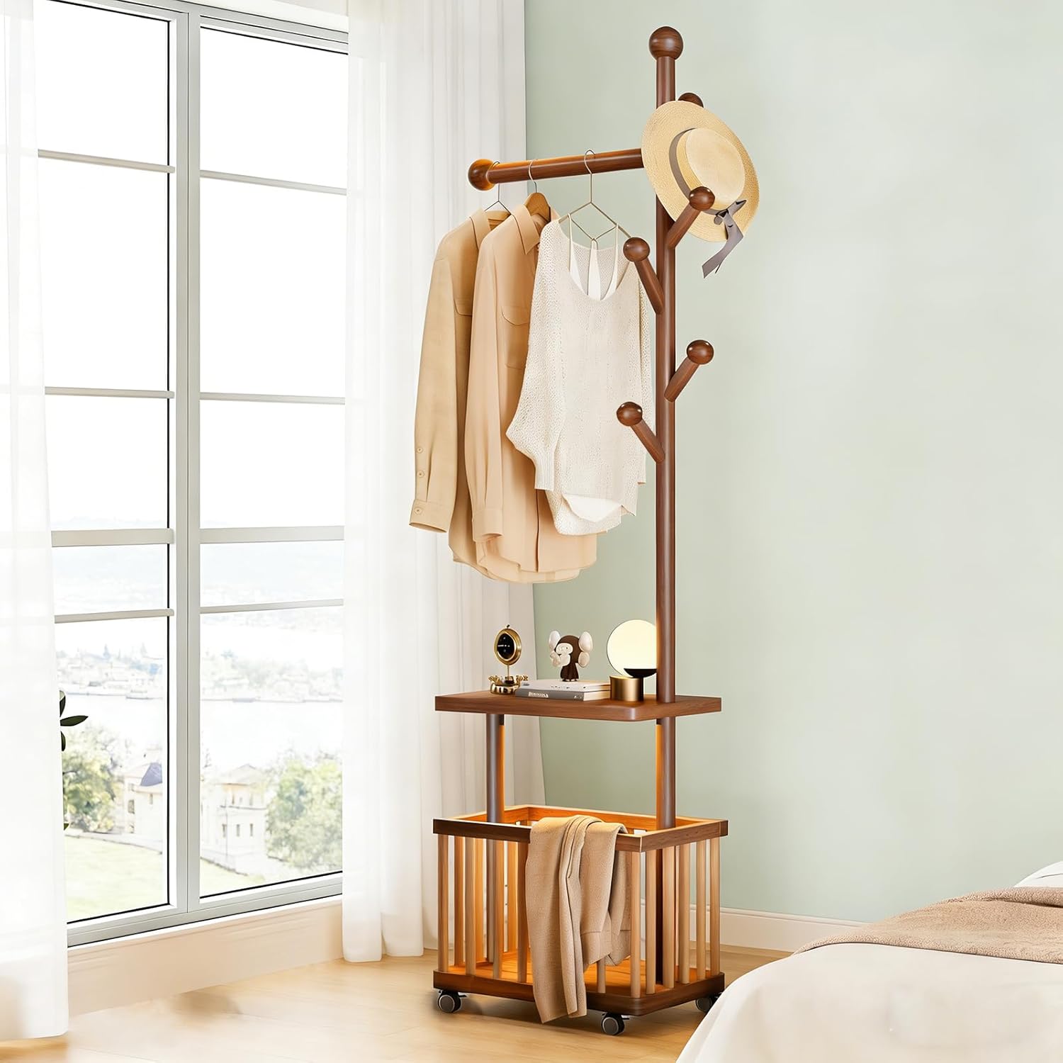 Solid Wood Coat Rack Clothes Rack, Coat Rack Freestanding with Storage Basket Heavy Duty Coat Tree for Entryway, Living room, Coat Hanger Stand for Hats, Bags Clothes
