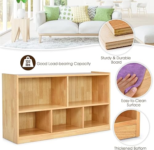 Miniatura 7 de Tangkula Estantería de madera con cubos, 2 niveles y 5 cubos, estante abierto, estantería multiusos, estante de exhibición para sala de estar,