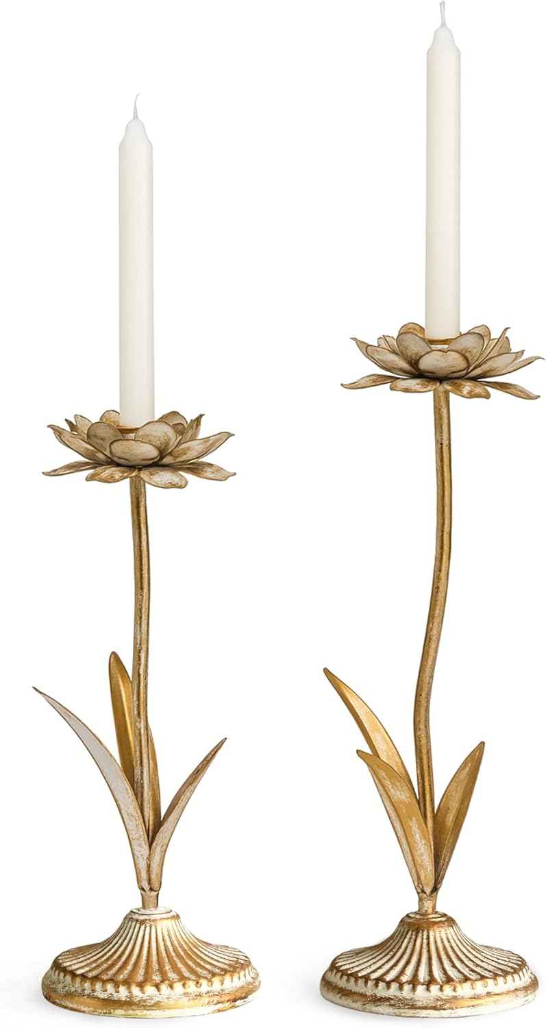 Antique Gold Metal Flower Taper Candle Holder, Rustic Farmhouse Style, Set of 2, Centerpiece Wedding Festive Christmas Mantel Decoration