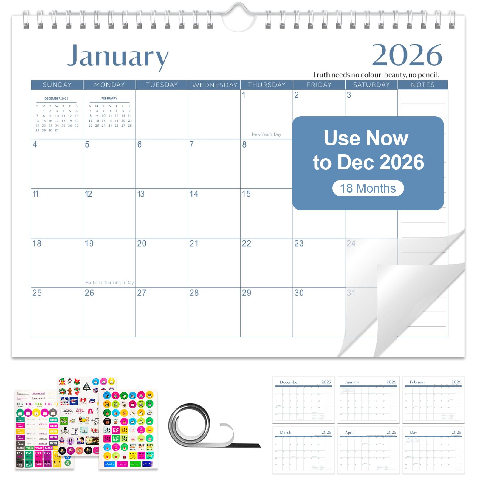 Gannyfer 2026 Wall Calendar, 18-Month Calendar 2025-2026, Use Now Until Dec 2026, Large Wall Calendar 2026, 11" x 8.5" Magnetic Fridge Wall Planner