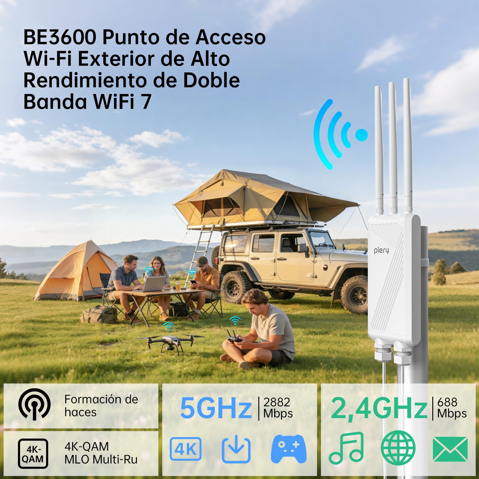 BE3600 Repetidor WiFi Exterior, Amplificador de señal WiFi 7 | Doble Banda | 3 Antenas de Alta Ganancia | IP66 | PoE | WPA3 | Puertos Gigabit para Granjas, Jardines y Aparcamientos