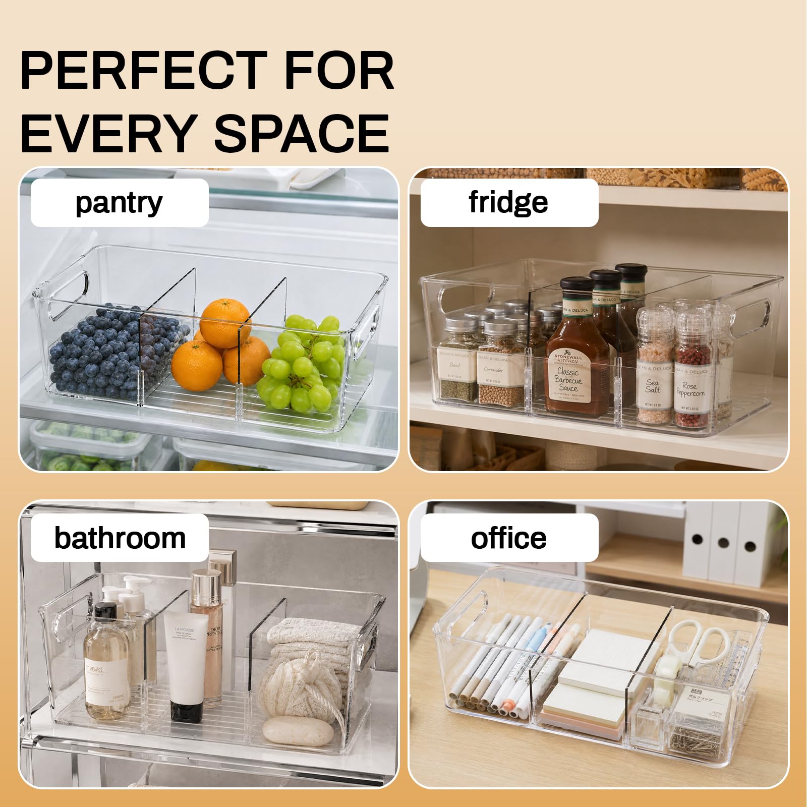 Mpotmiy Transparente Vorratsbehälter mit Trennwänden und Griffen, stapelbare Organizer für Küche, Kühlschrank, Schrank und Badezimmer, geeignet für Snacks, Getränke, Gewürze, Obst, Teebeutel, 8 Stück