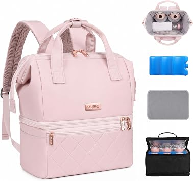 Nuliie Wearable Breast Pump Bag with Cooler Compartment, Double Layer Pumping Bag with Ice Pack, Breast Milk Cooler Travel Bag with Waterproof Mat, Fits 6 Baby Bottles up to 10 oz, Pink