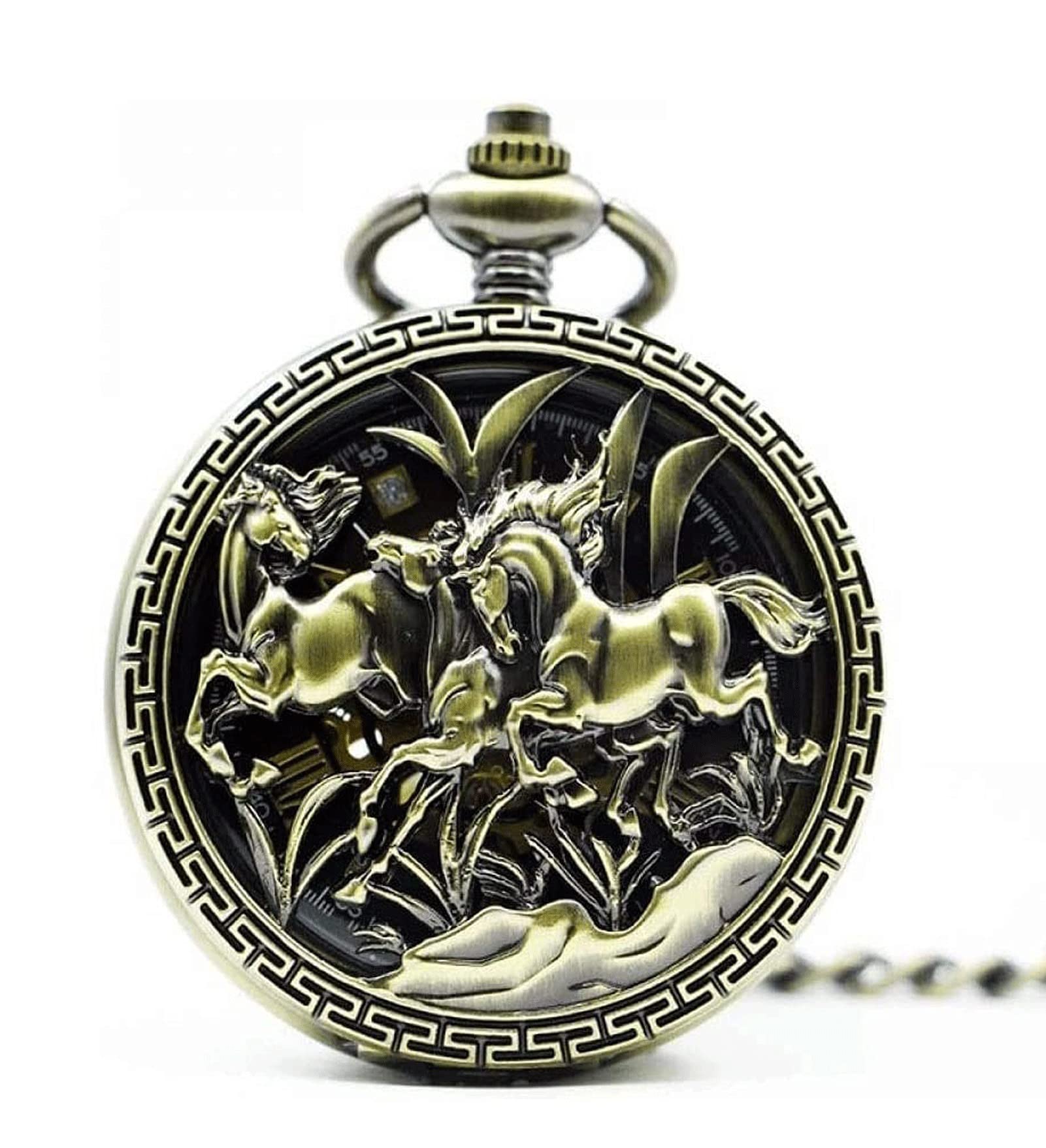 Collana del pendente analogica dell'orologio analogico del quarzo del quarzo del bronzo dell'annata, orologio da tasca meccanico cavo di bronzo, orologio da tasca inciso scheletro con catena,