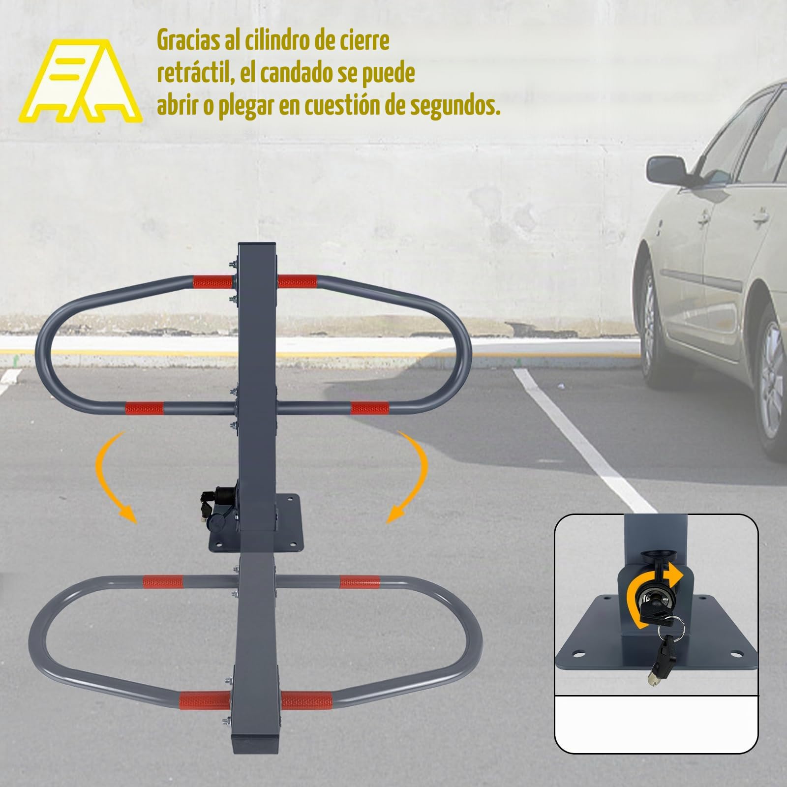 Froadp 73x51cm Barreras de Estacionamiento Plegables Poste de Bloqueo Barrera de Acero Móvil con llave y Tiras Reflectantes Juego de Bolardo de Aparcamiento para Parking Garaje (1 pieza)