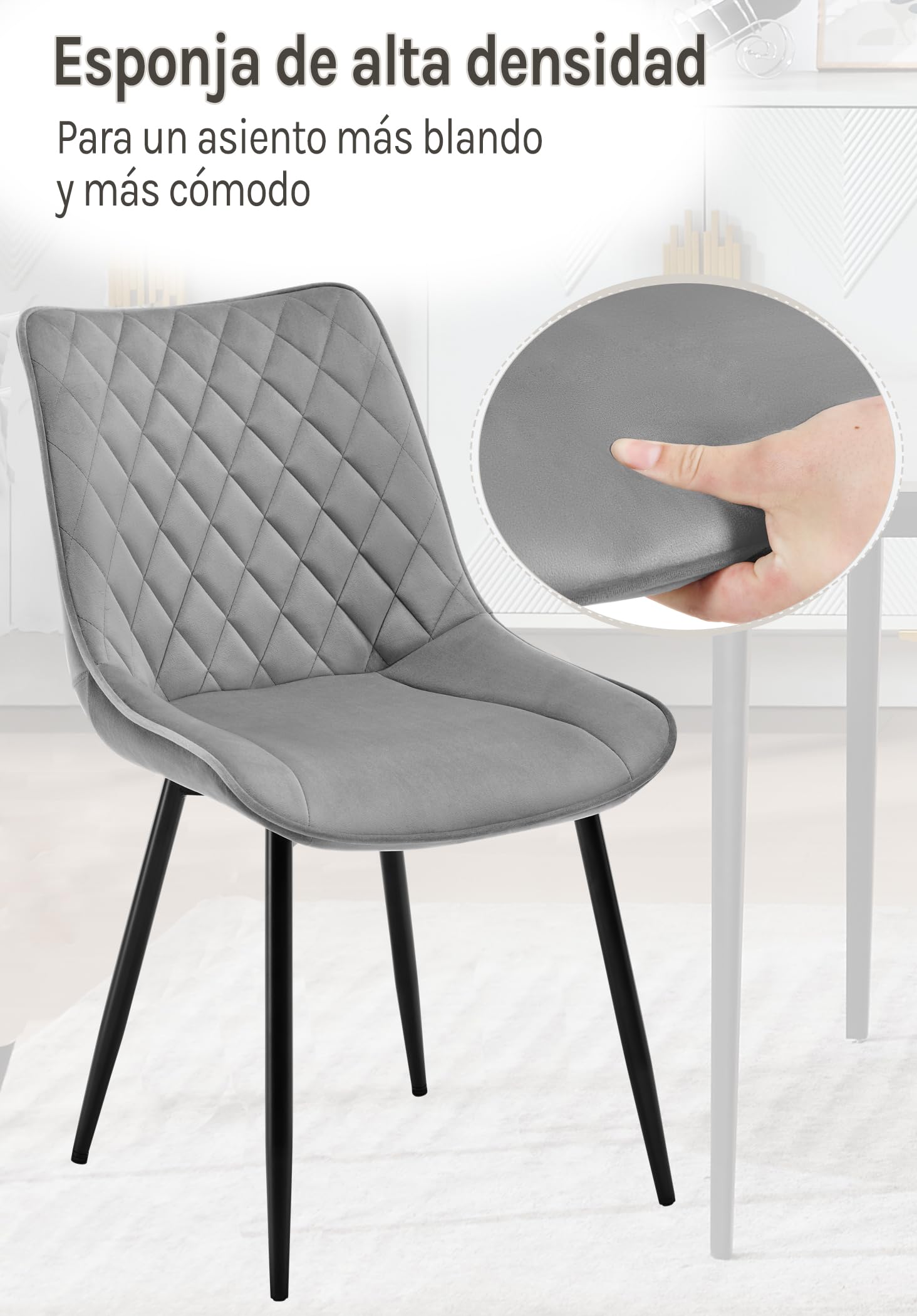 WOLTU Juego de 4 Sillas de Comedor,Terciopelo,Gris Claro | Modernas con Respaldo,Medio y Patas de Metal, aptas para Dormitorio y salón