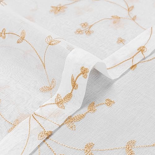 Miniatura 6 de Floral White Sheer Curtains 84 inch Length, Beige Embroidery Flower Leaf Design Rod Pocket Voile Window Curtain Drapes for Living Room Bedroom, 2
