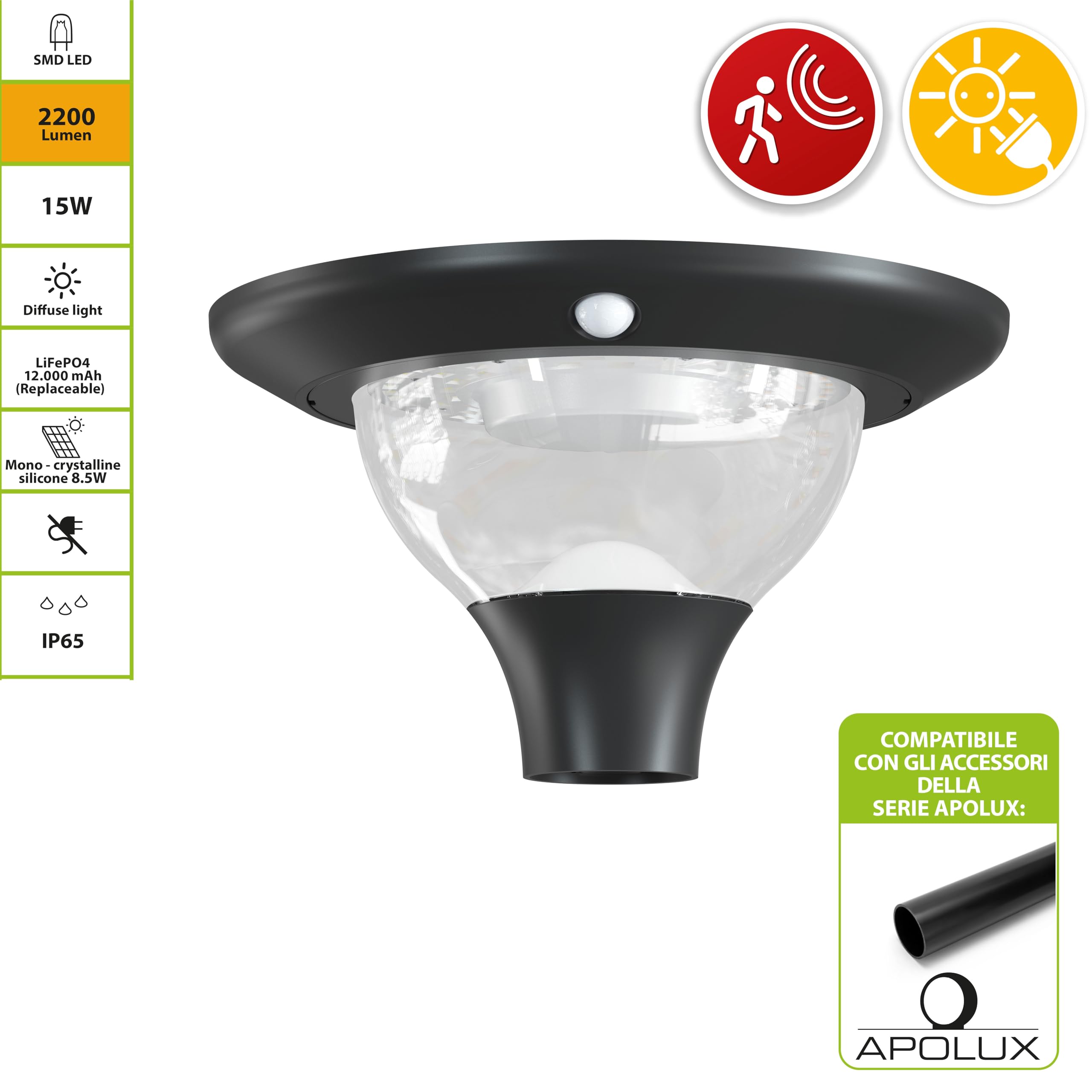 Solarna lampa uliczna 15 W, zewnętrzna lampa solarna 2000 lm. Temperatura barwowa (CCT): 3 barwy światła do wyboru (ciepła, naturalna, zimna). Idealna do parkingów, ogrodów, dziedzińców, firm itp.
