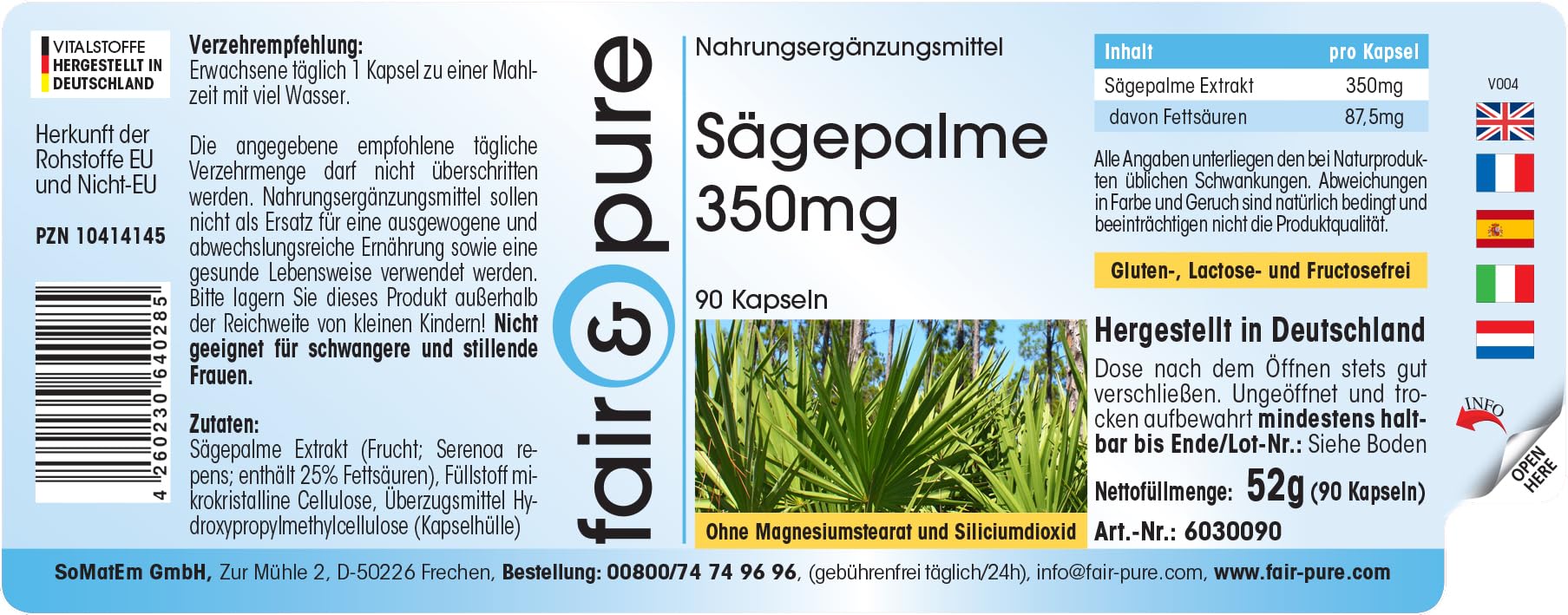 Fair & Pure® - Saw Palmetto in capsule - Estratto di Serenoa repens 350mg con Beta-sitosterolo - 90 Capsule