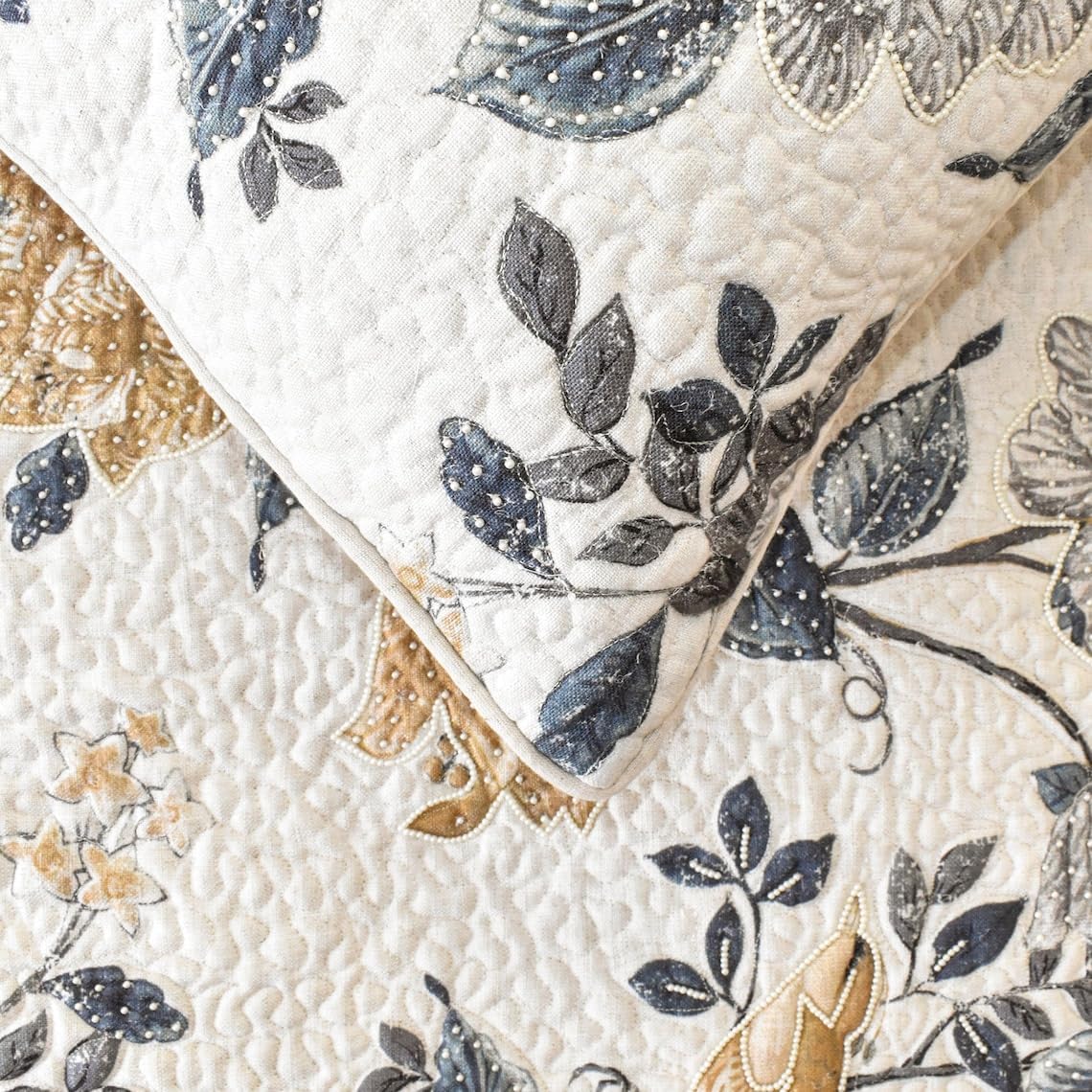 The HomeCentric King/Queen/Twin Blue & Ivory Decorative Queen 74"x18" Bed Runner with 2 Pillow Cover, Bird, Pearl & Quilted Bed Scarf on Linen Fabric - Vintage Birdena