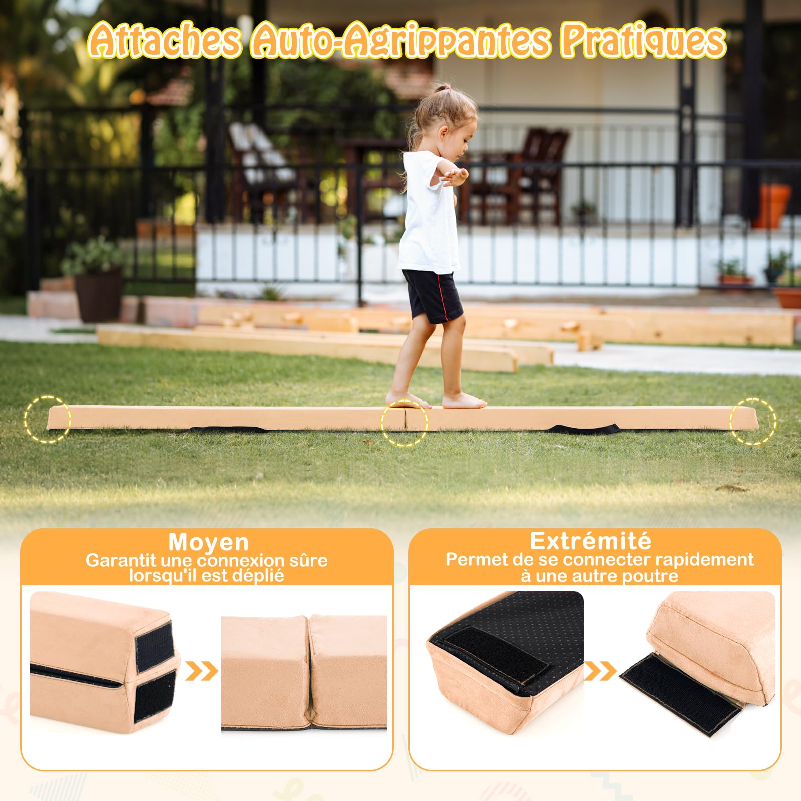 GOPLUS Poutre Gymnastique Pliable 210CM en Suède, Poutre d'Équilibre 15 Épaisseur avec Fond Antidérapant, Attaches Auto-Agrippantes, Poignée de Transport