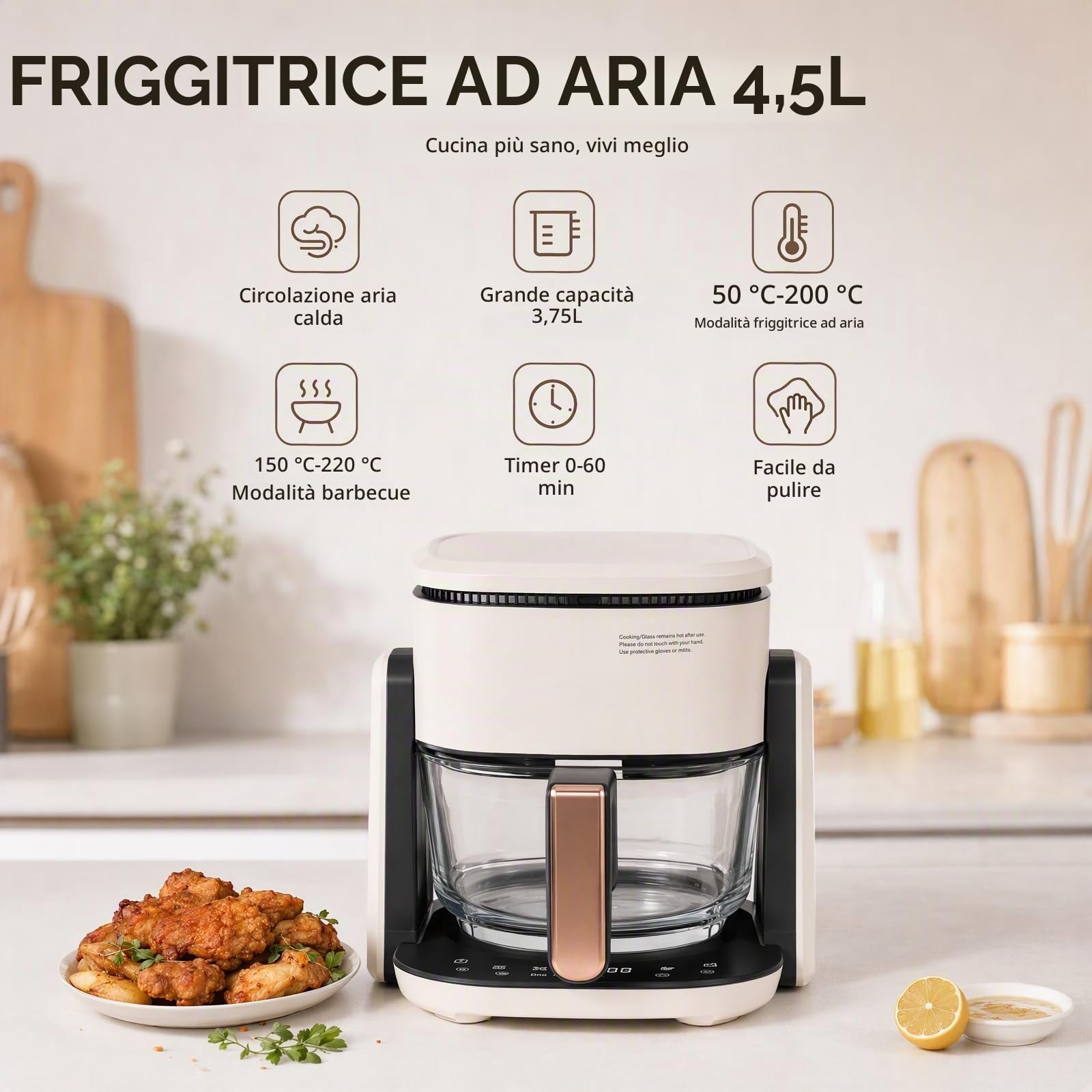 Friggitrice ad aria calda in vetro, 4,5 l, 3 in 1, con funzione grill, display LCD, 1200 W, vetro borosilicato, finestra di visualizzazione, timer da 60 minuti, regolazione della temperatura, design