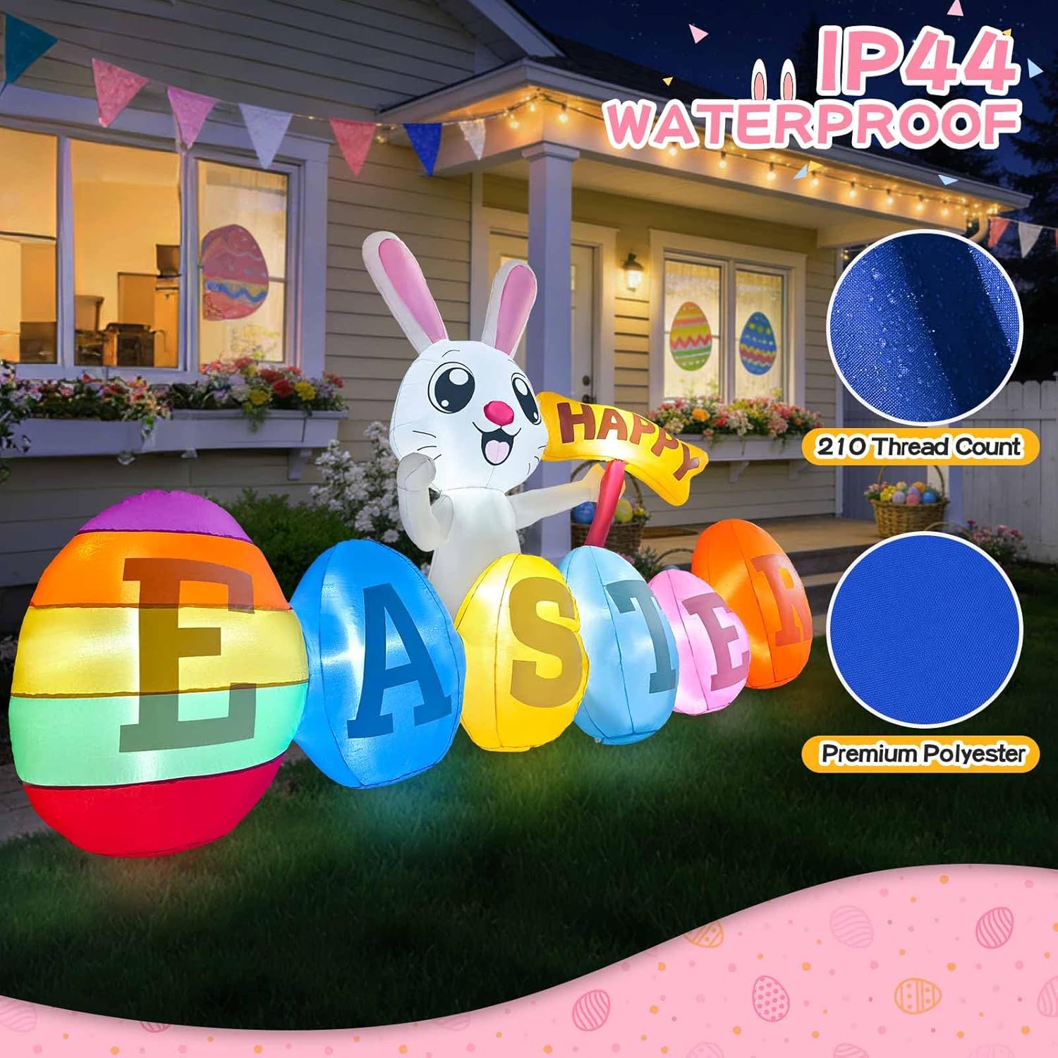 7FT Long Easter Inflatables Outdoor Decoration Inflatable Bunny with Happy Easter Built in LED Lights Bunny Blow Up Yard Decoration for Lawn Garden Holiday Party(with Storage Bag)