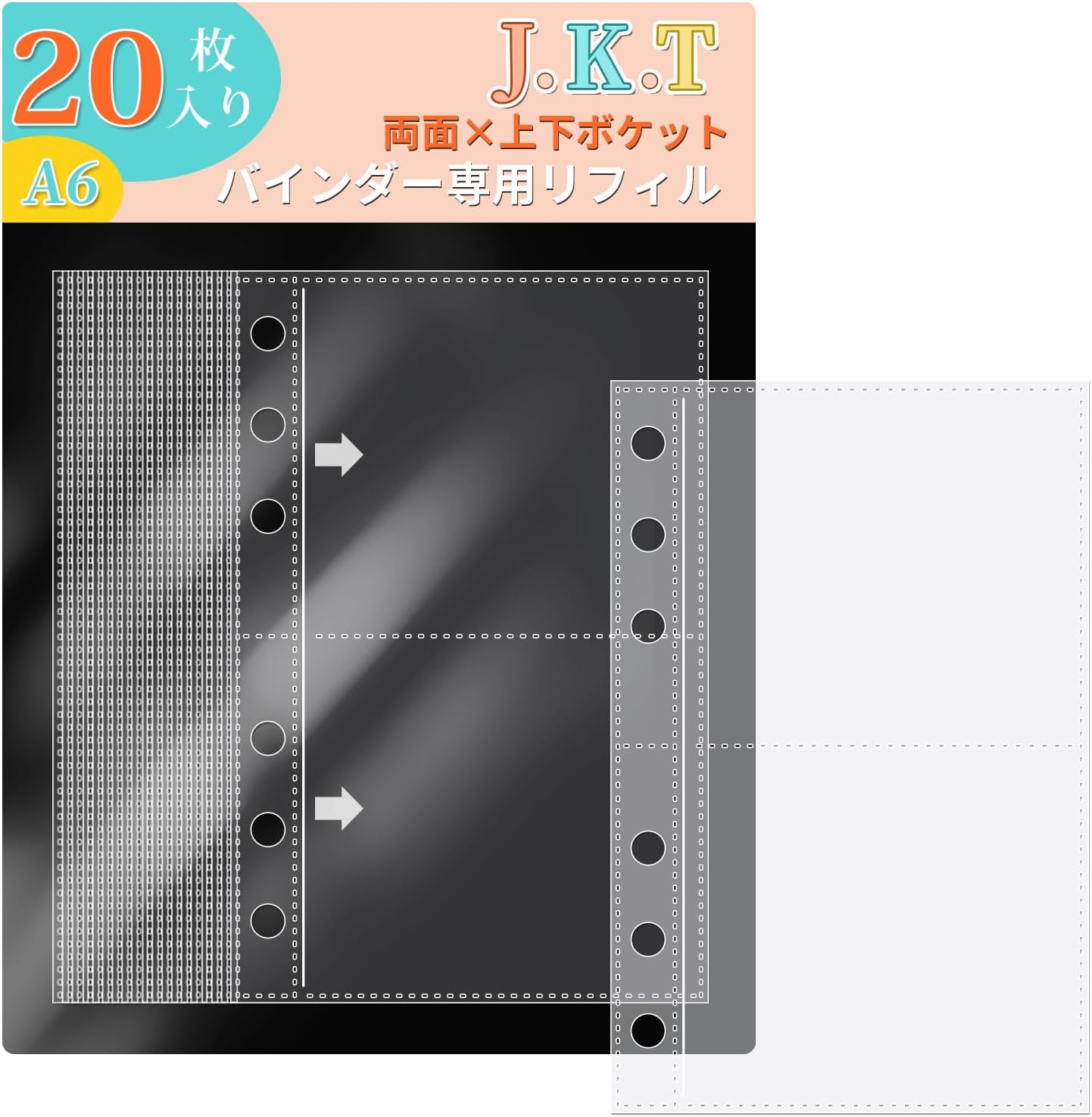 J.K.T A6 Sticker Book Refills, 6 Holes, Clear, 20 Sheets [3-Layer Structure, Can Be Used on Both Sides, Double Pocket Type] for Binders, A6 Refill, Sticker, Clear, PP Material, Easy to Peel, Photo Card, Pocket Seal Storage File, Side Open Design, Easy to Put in as Is, Document Storage, Refill for Notebook, Large Capacity, Durable, Waterproof, Dustproof, for Girls and Kids
