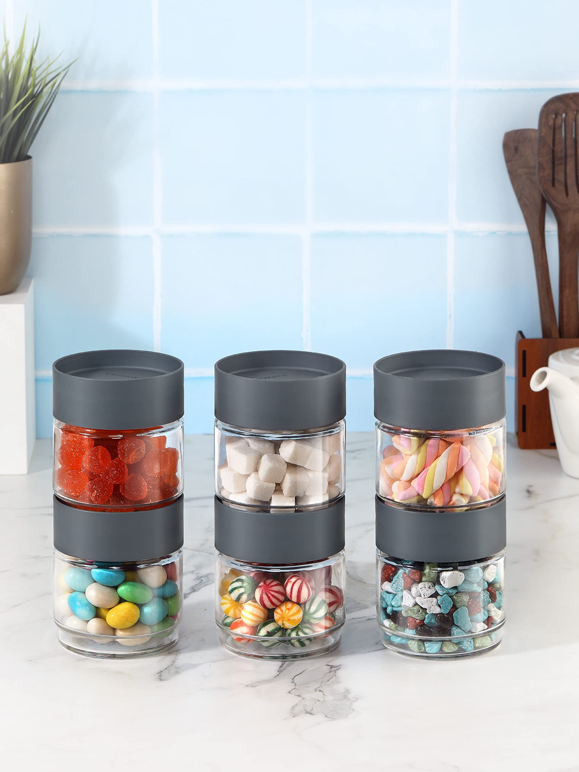 CELLO Modustack Glassy Storage Jars For Kitchen Set of 6 Pcs, 500ml Grey | Freezer & Fridge Safe Airtight Stackable Leadfree Toughened Glass Kitchen Storage Container For Beans, Whole Grains, Spices