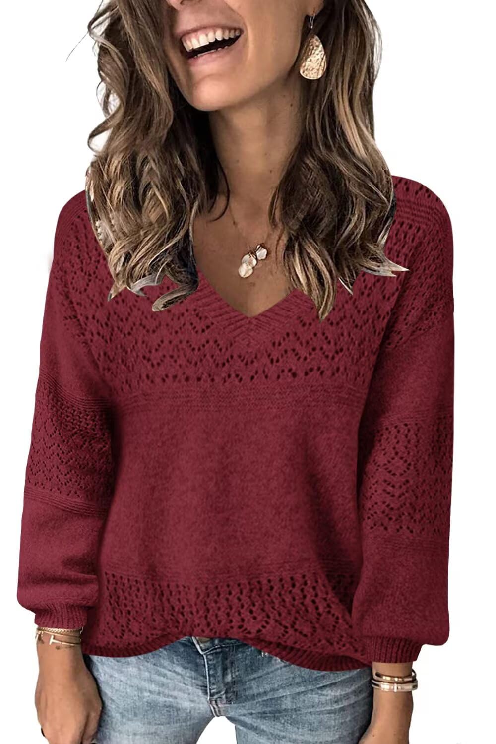 JOCAFIYE Womens Sweaters Casual Long Sleeve V Neck Pullover Sweater Tops