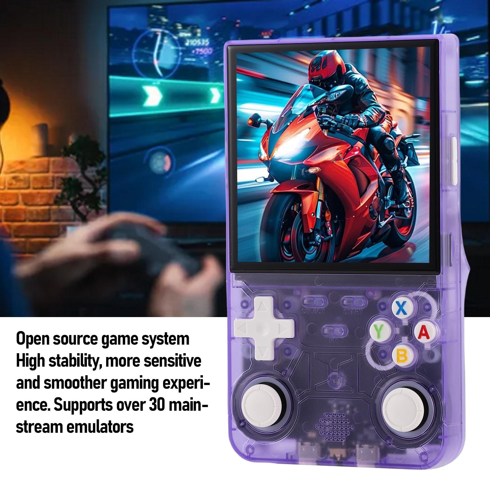 Console de Jeu Vidéo Portable Rétro avec écran de 4 Pouces, Double Joystick, Console de Jeu Portable pour Système, Batterie 3500 MAh pour Joueurs Adultes, Violet Transparent (64G)